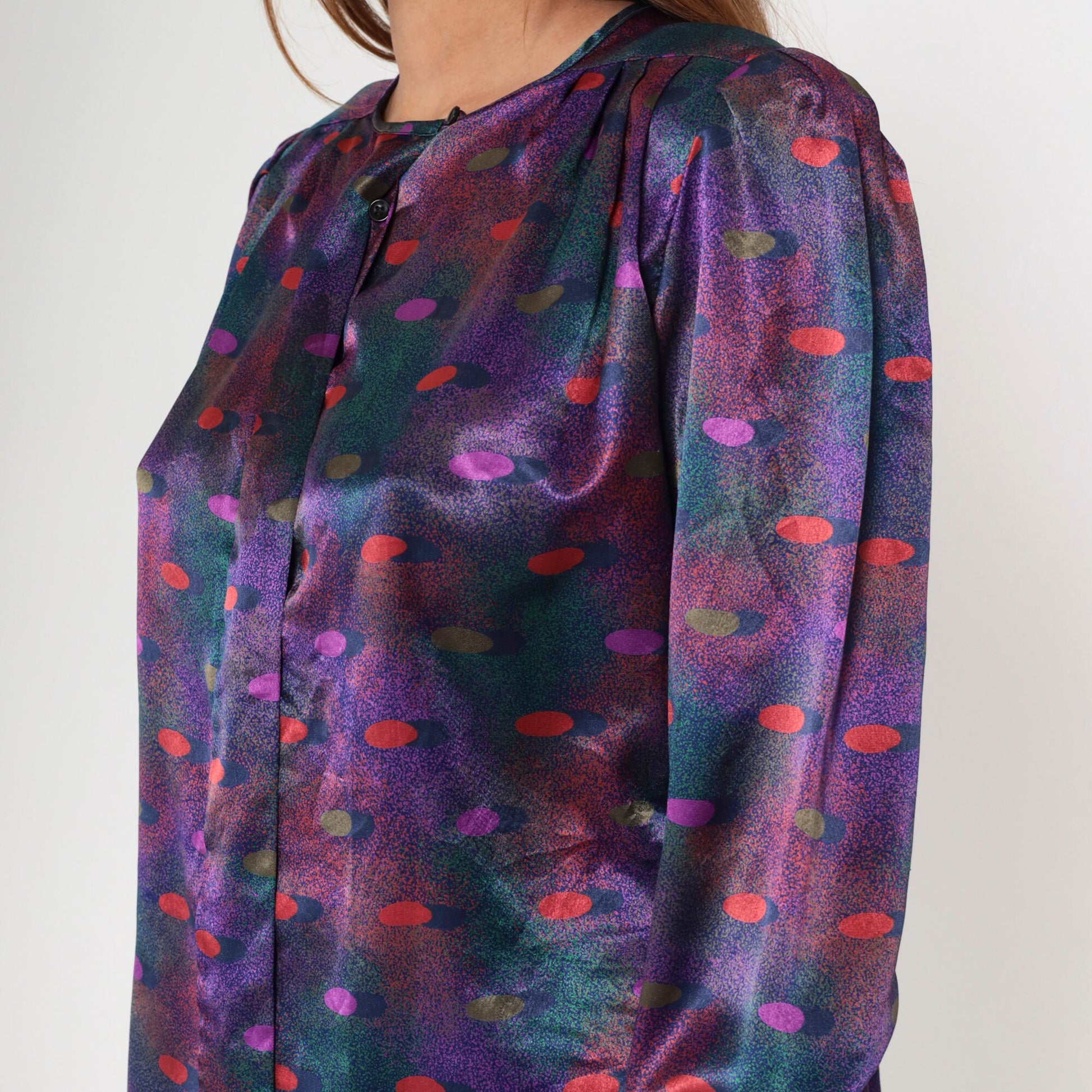 80s Polka Dot Puff Sleeve Button-Up Blouse Multicolor Polyester Small