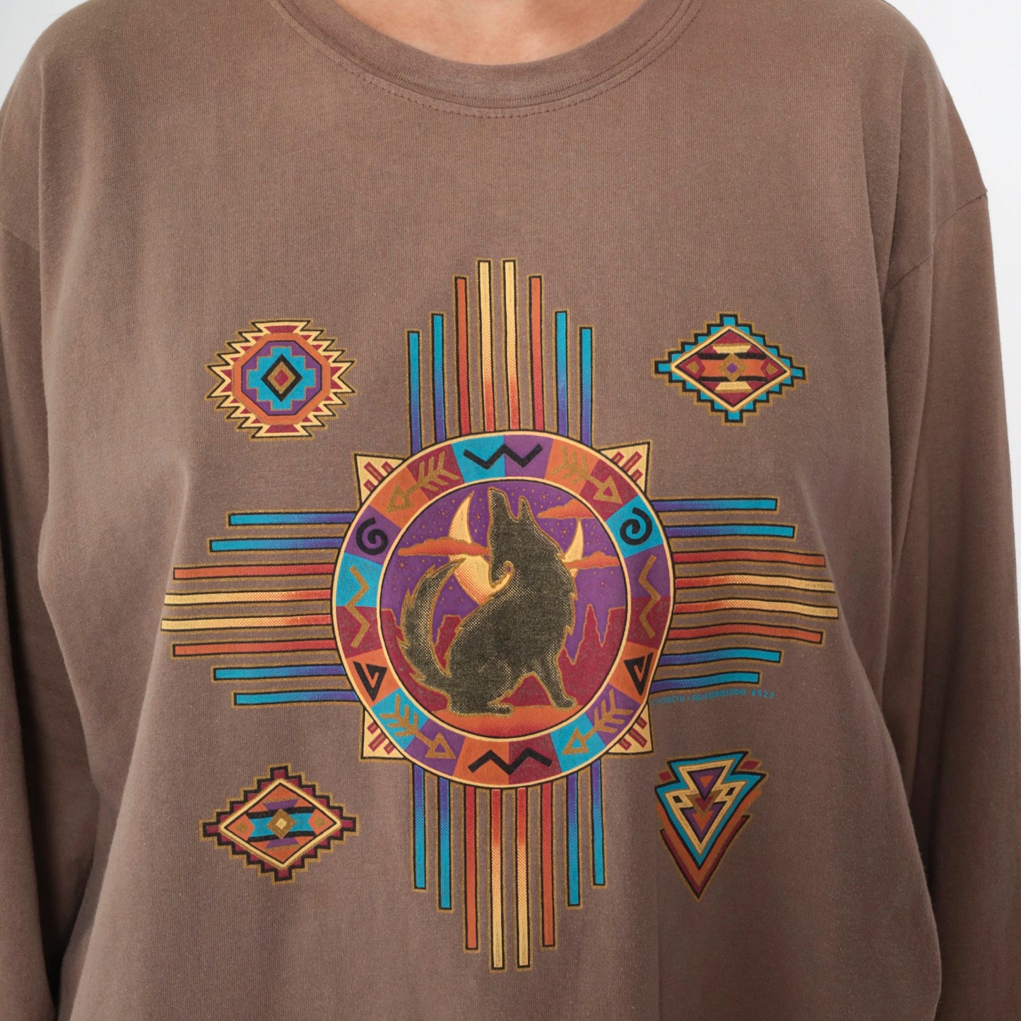 90s Southwestern Coyote Moon Graphic Long Sleeve T Shirt Brown Large