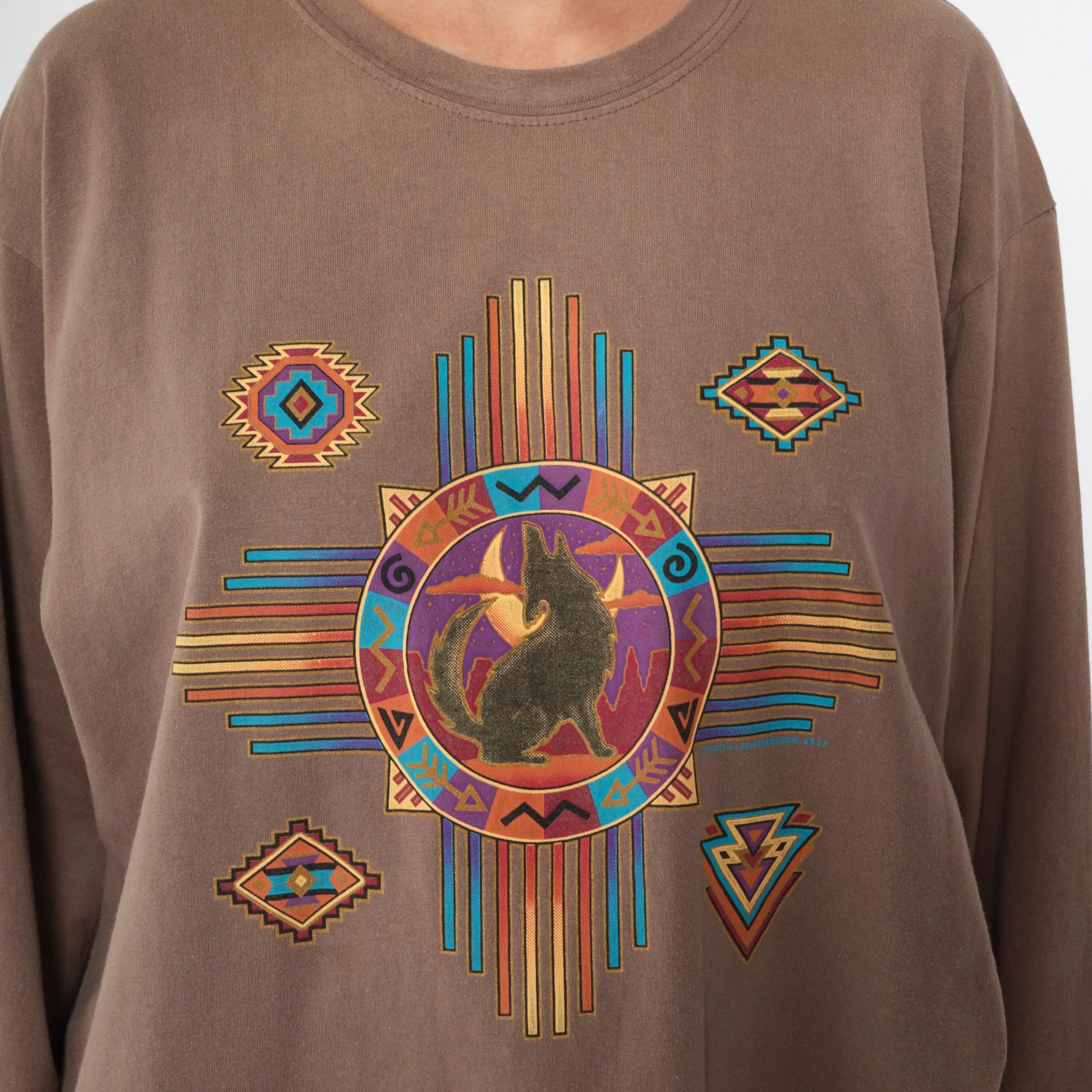 90s Southwestern Coyote Moon Graphic Long Sleeve T Shirt Brown Large
