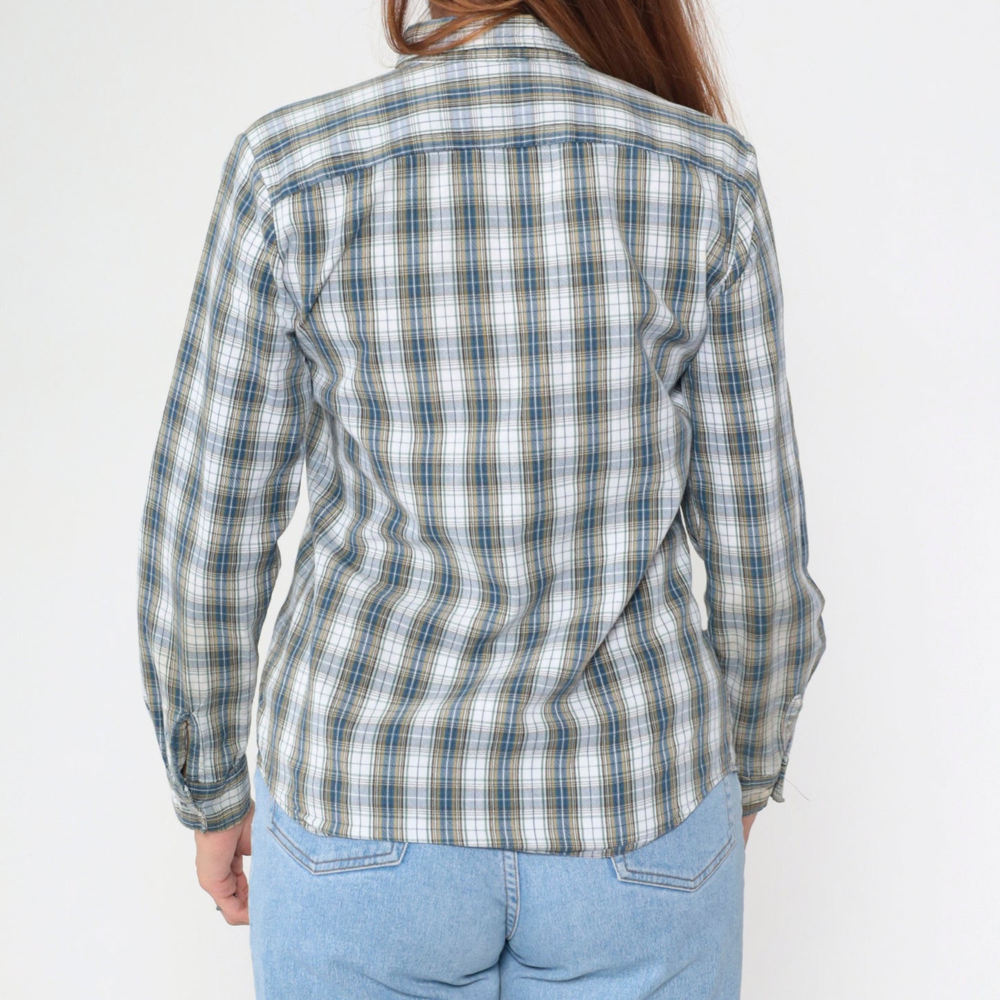 70s/80s Plaid Cotton Button-Up Blouse White Blue Yellow Checkered Long Sleeve Medium