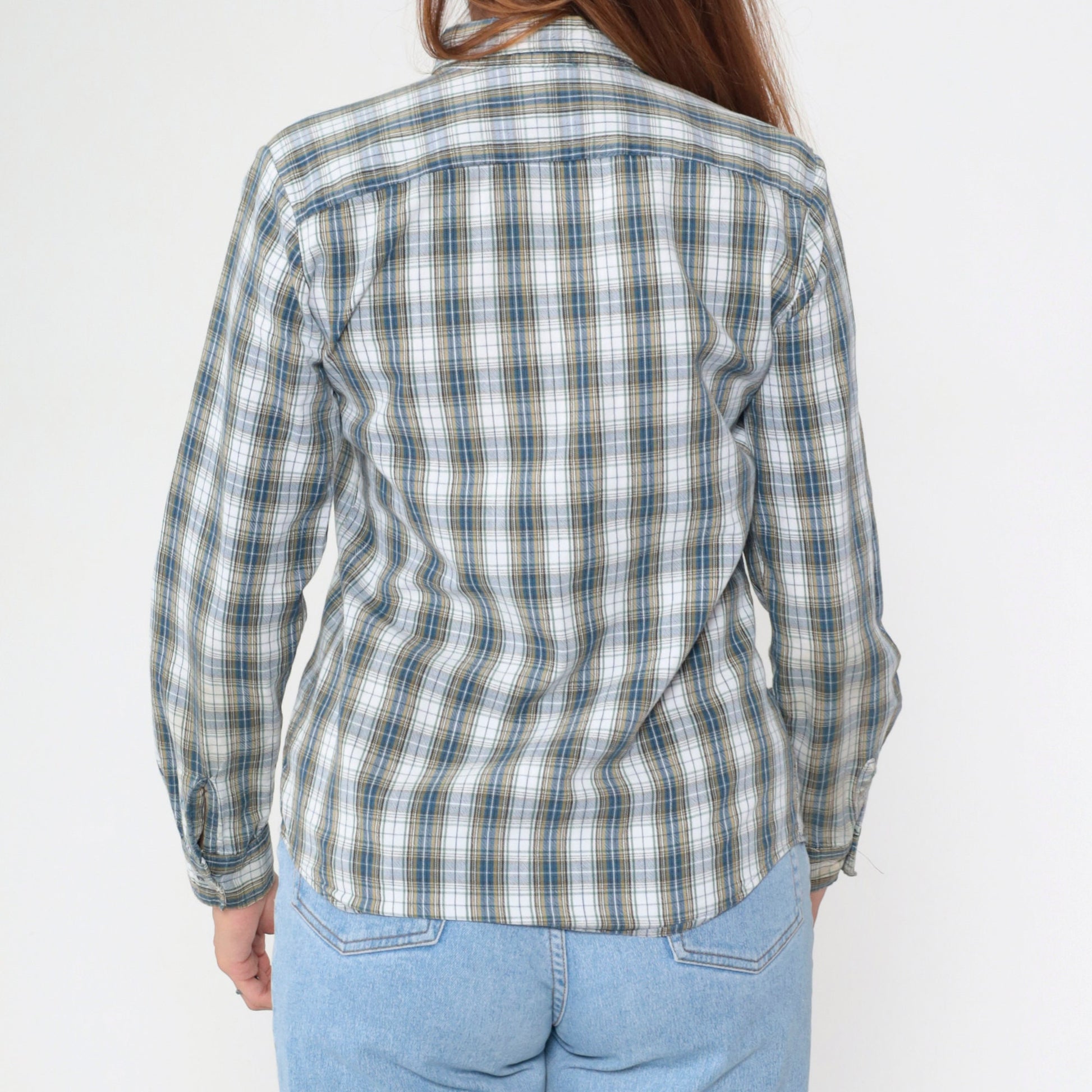 70s/80s Plaid Cotton Button-Up Blouse White Blue Yellow Checkered Long Sleeve Medium