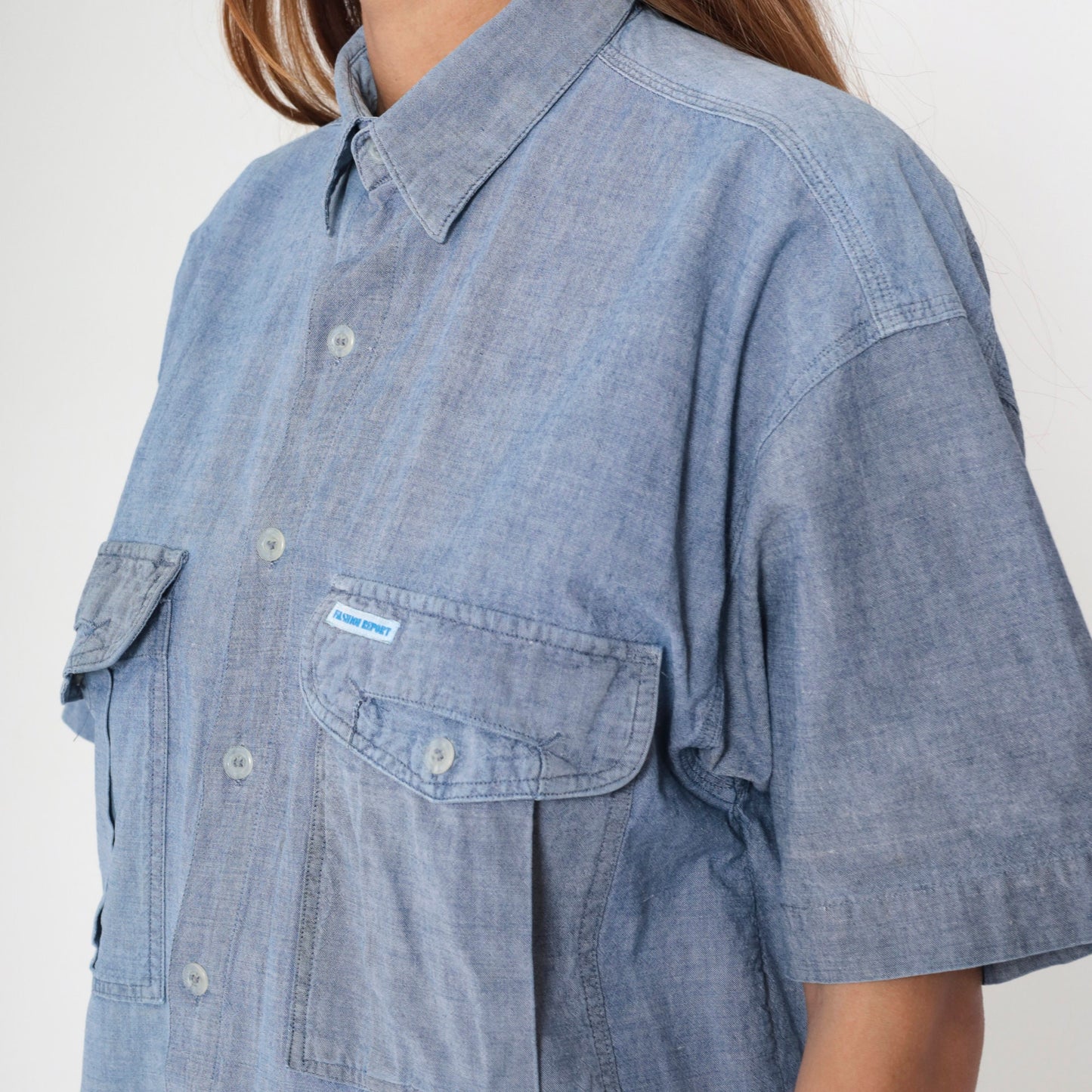 90s Blue Chambray Button-Up Shirt Short Sleeve Denim Oxford Medium
