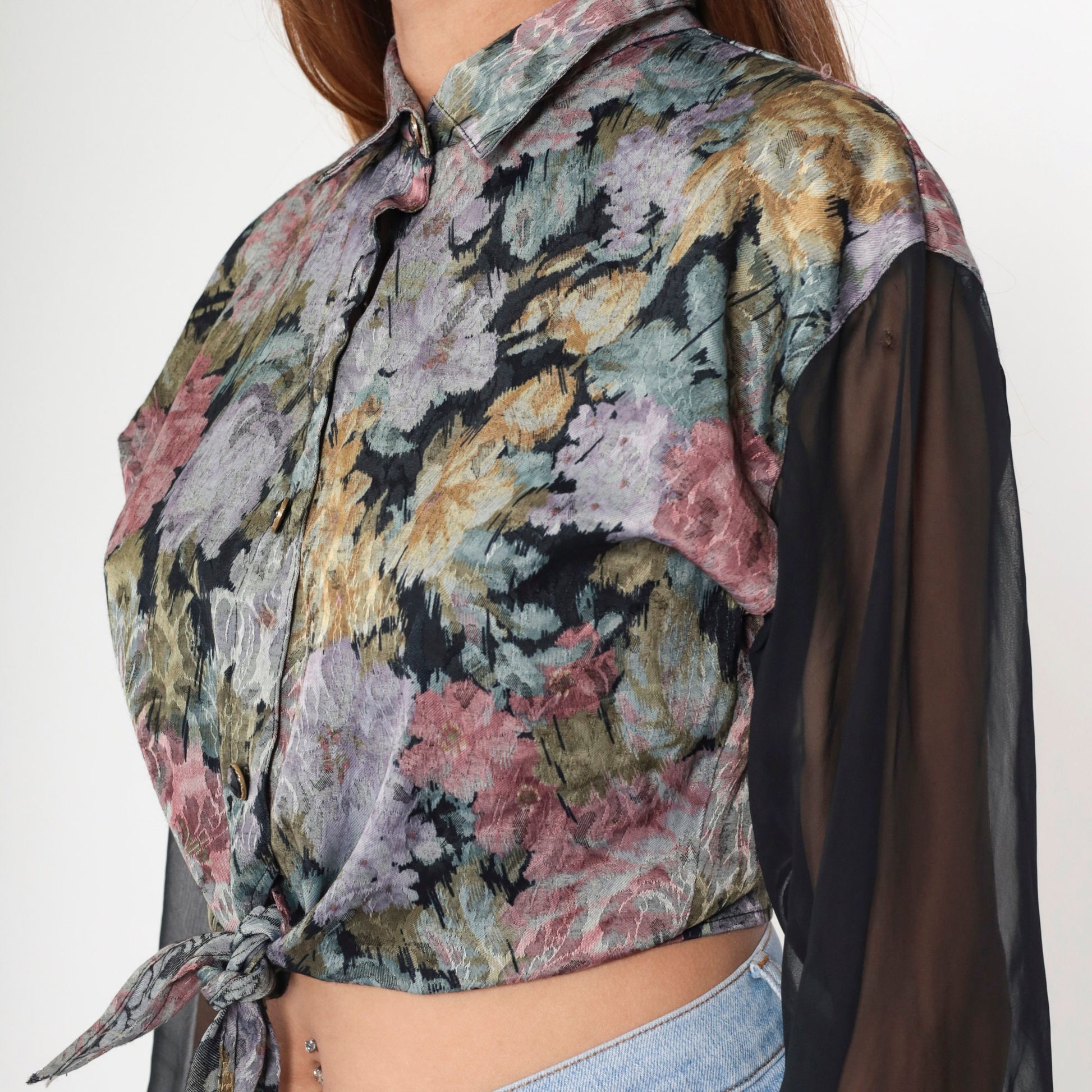 90s Floral Crop Top Button Up Blouse Sheer Chiffon Sleeves Small
