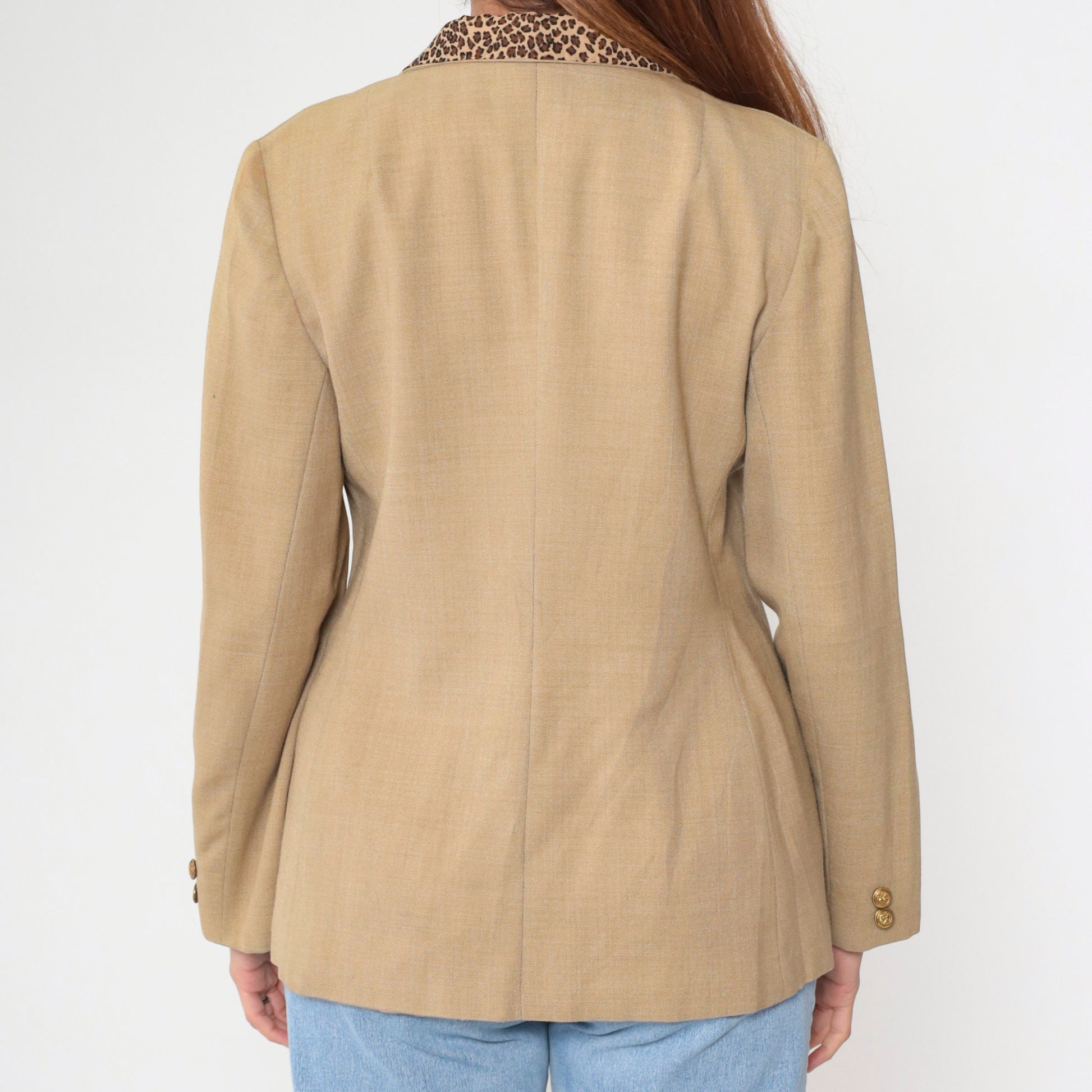 90s Tan Blazer Leopard Print Collar Deep V Neck Princess Seam Small S