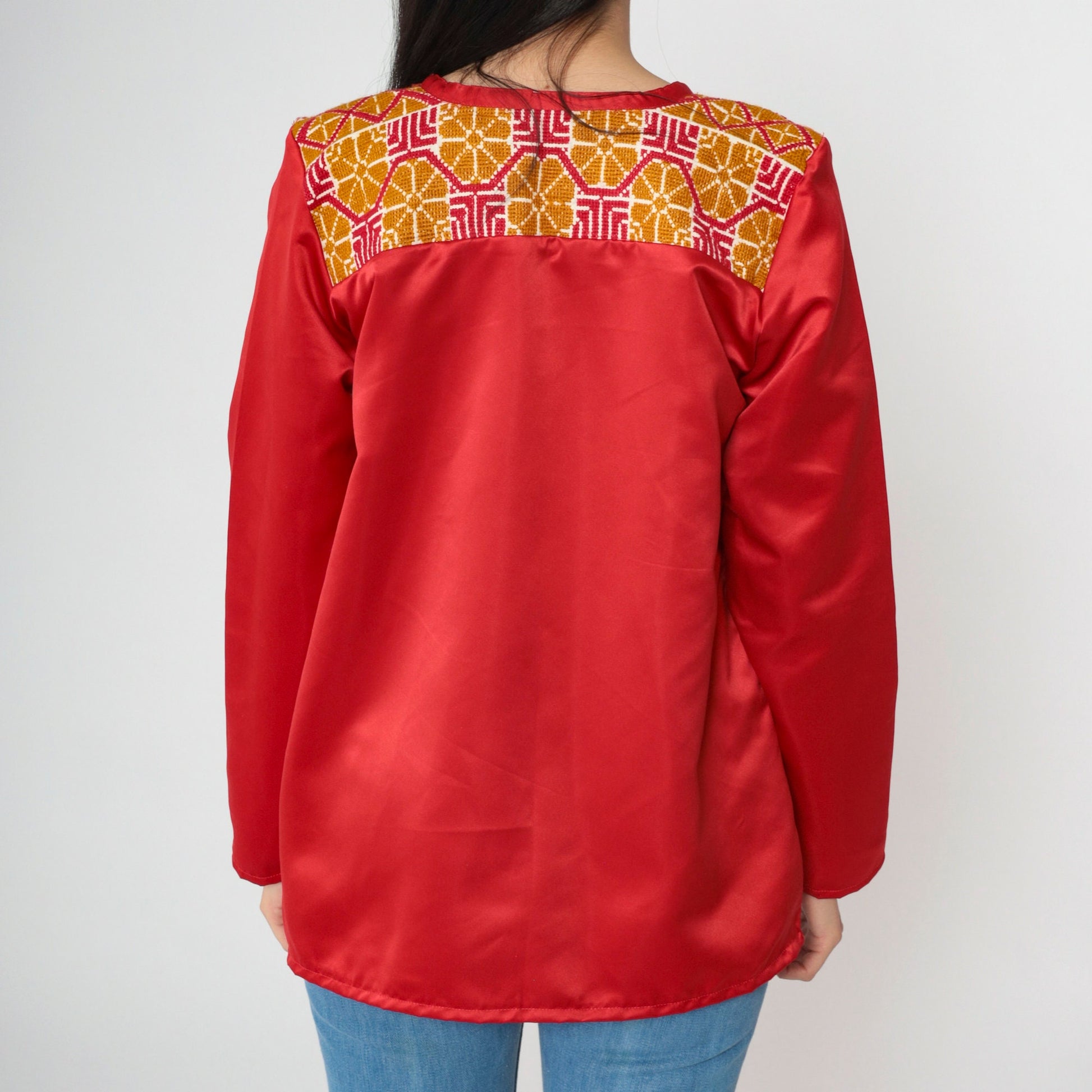70s Red Satin Tunic Top Floral Embroidered Yoke Long Sleeve Small