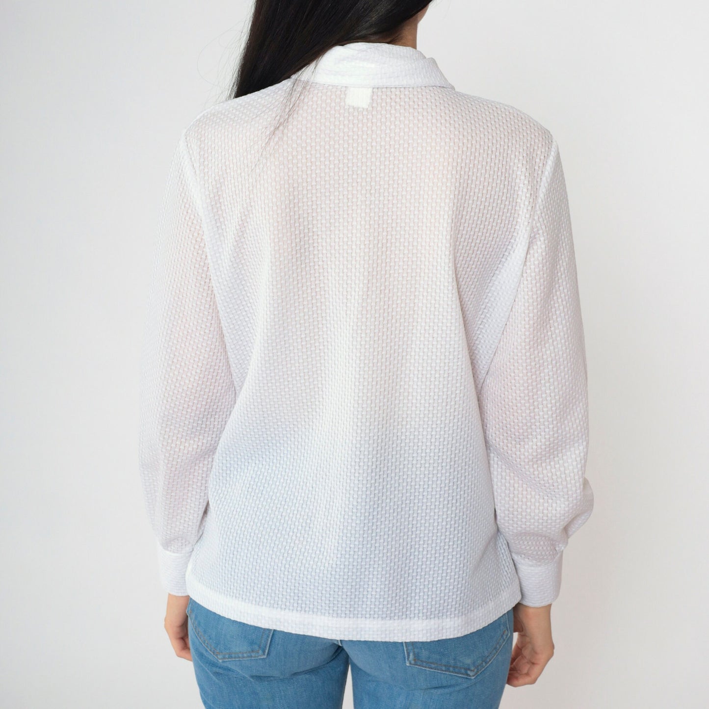 70s White Textured Disco Collar Button-Down Blouse Long Sleeve Medium Large