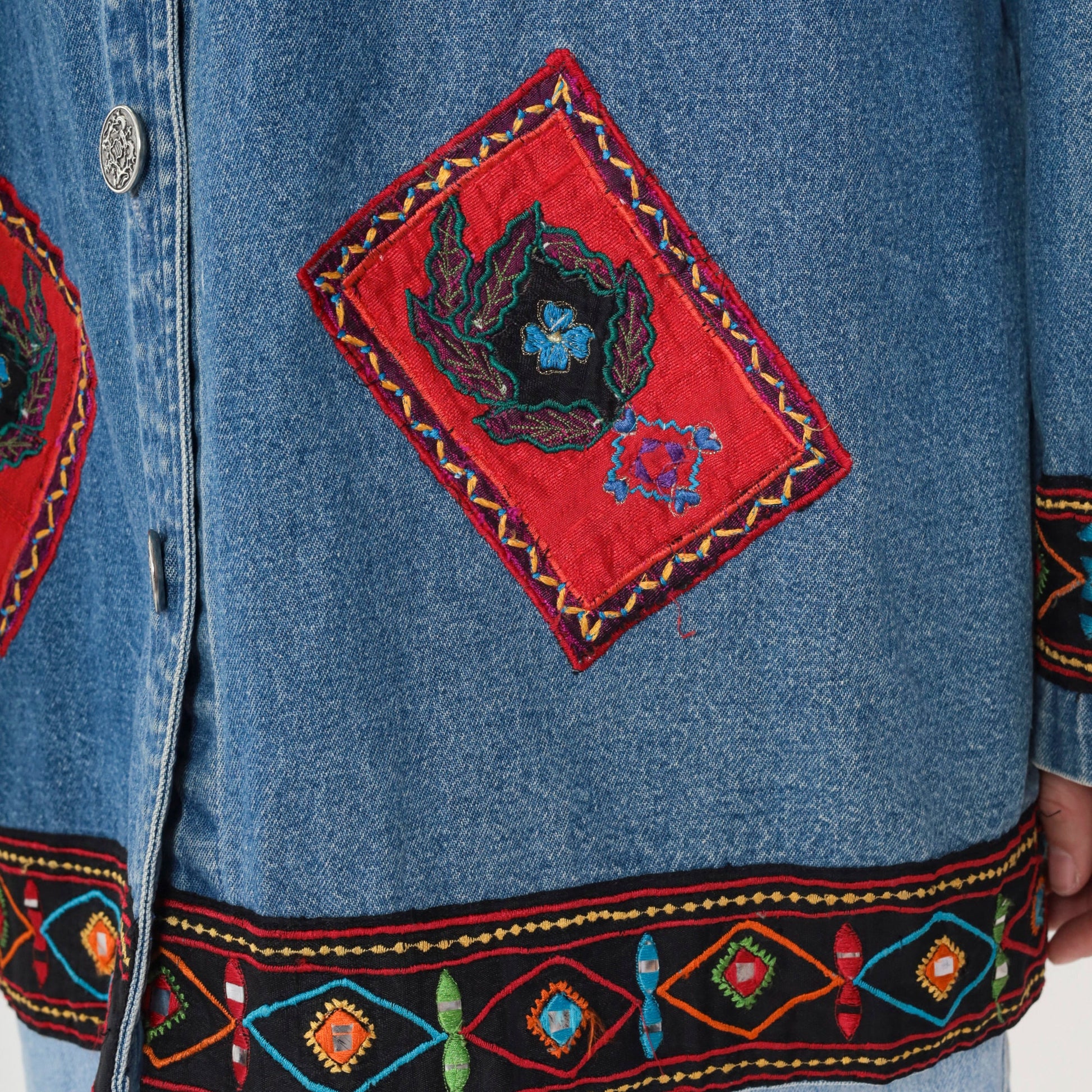 90s Floral Embroidered Denim Jacket Shisha Mirror Work Blue Cotton Extra Large