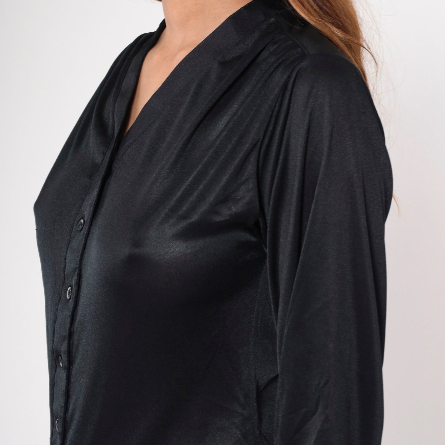 70s Black Polyester Button-Up Blouse V-Neck Long Sleeve Small S