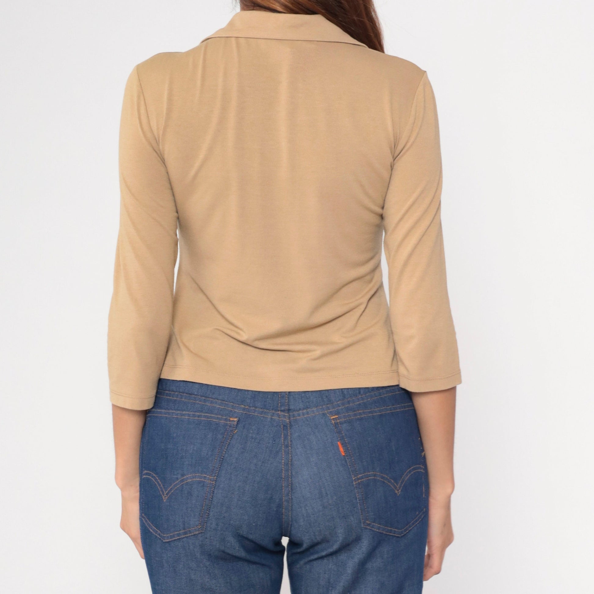 90s Tan Button-Up Blouse Collared 3/4 Sleeve Shirt Small S