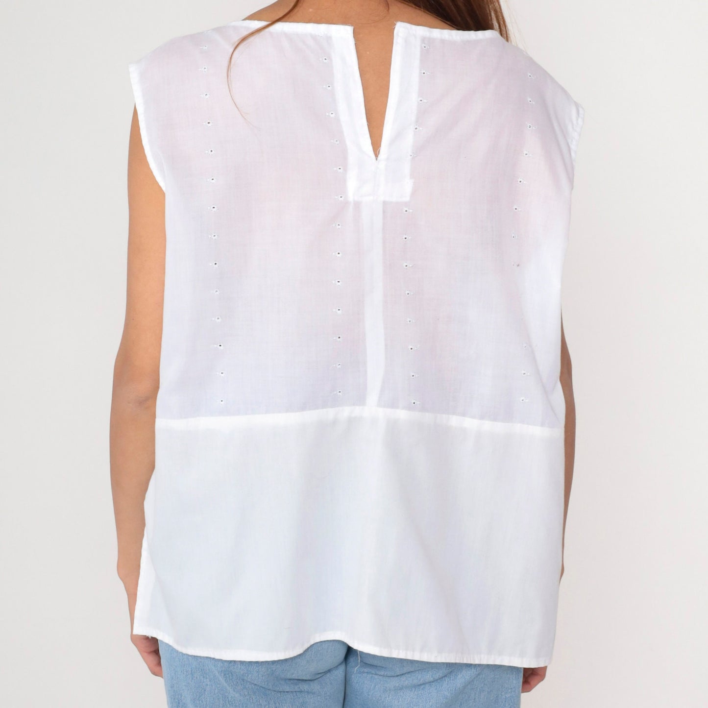 80s White Eyelet Lace Tank Top Floral Embroidered Sleeveless Tunic Large