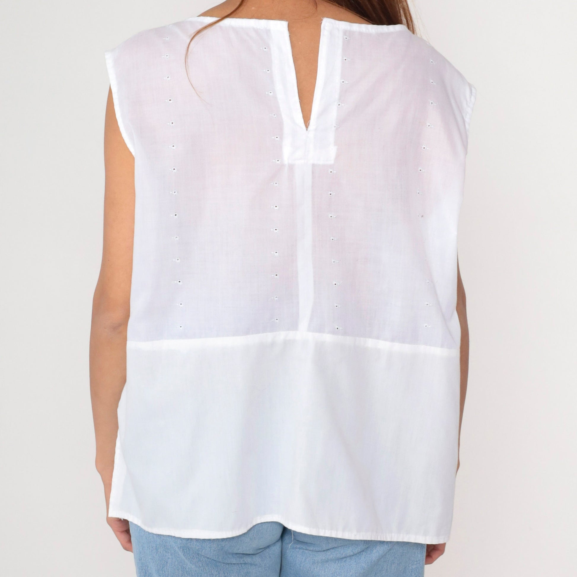 80s White Eyelet Lace Tank Top Floral Embroidered Sleeveless Tunic Large