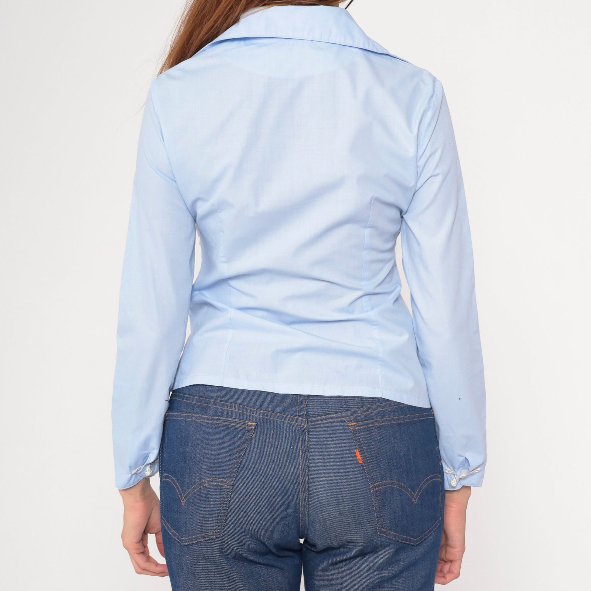 90s Light Blue Floral Embroidered Button-Up Blouse Chinese Knot Long Sleeve Small S
