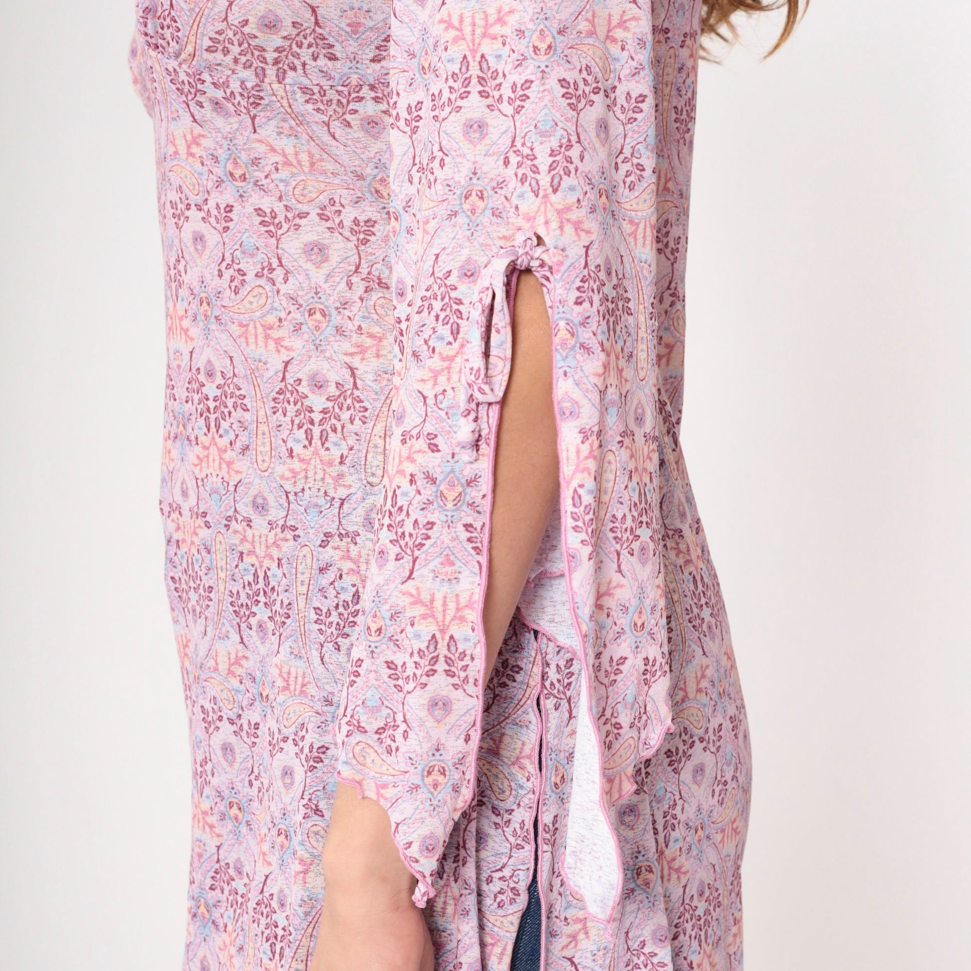 Y2K Paisley V-Neck Blouse Pink Bell Sleeve Asymmetrical Lettuce Edge Large L