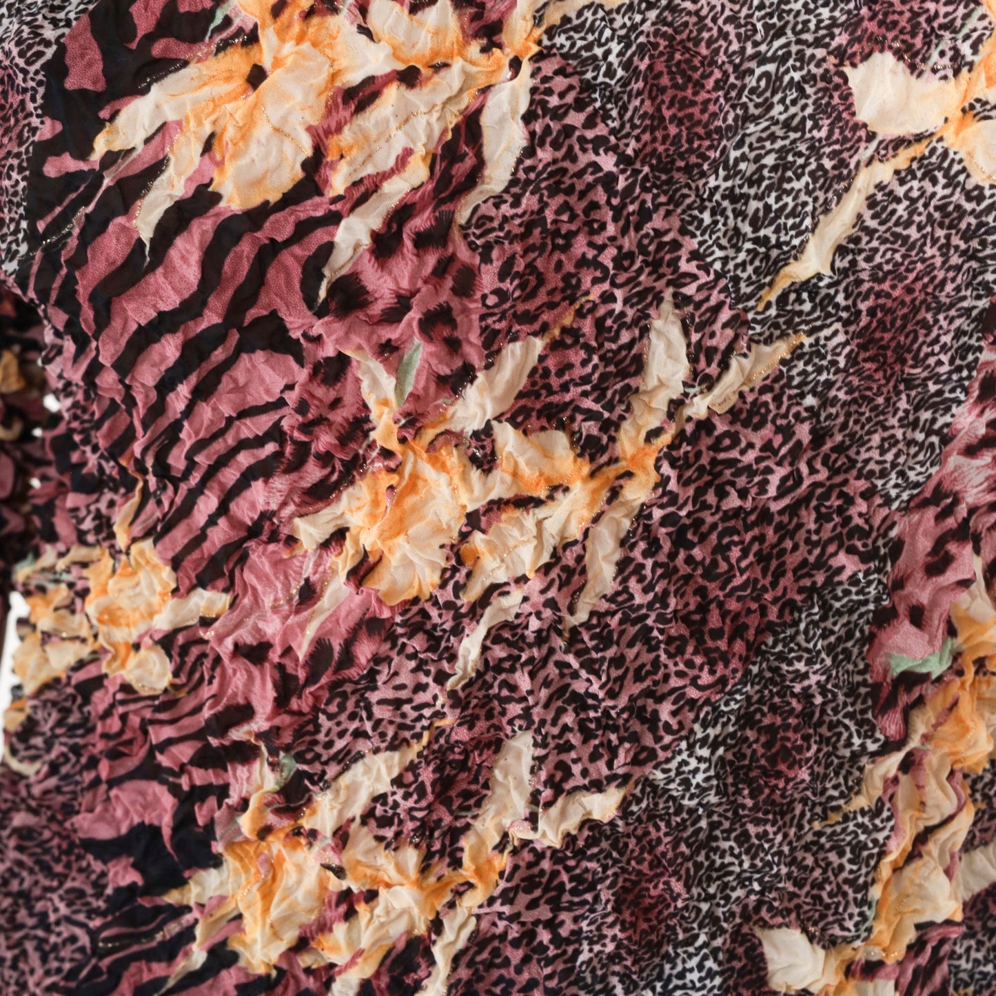 Y2K Popcorn Shirt Floral Animal Print Gold Metallic Textured Blouse Pink Black XS-M