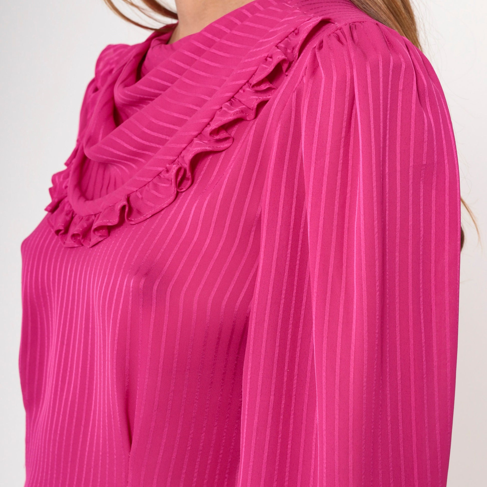 80s Fuchsia Cowl Neck Blouse Striped Puff Sleeve Keyhole Back Small