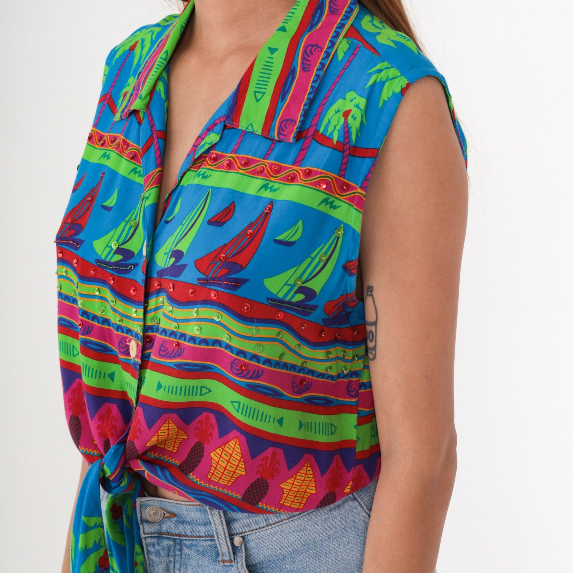90s Tropical Sequin Tie-Front Blouse Sailboat Beaded Sleeveless Small