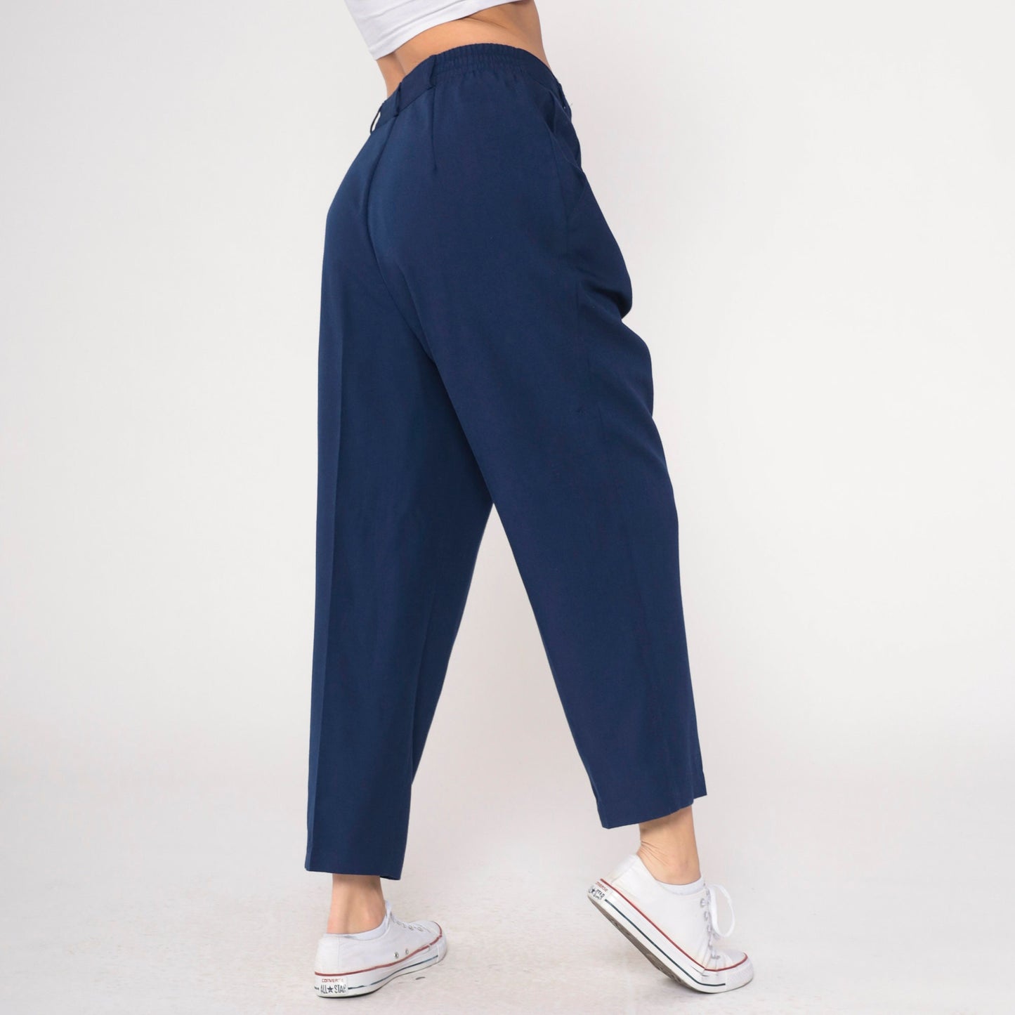 90s Navy Pleated High-Waist Tapered Trousers Medium Large Petite