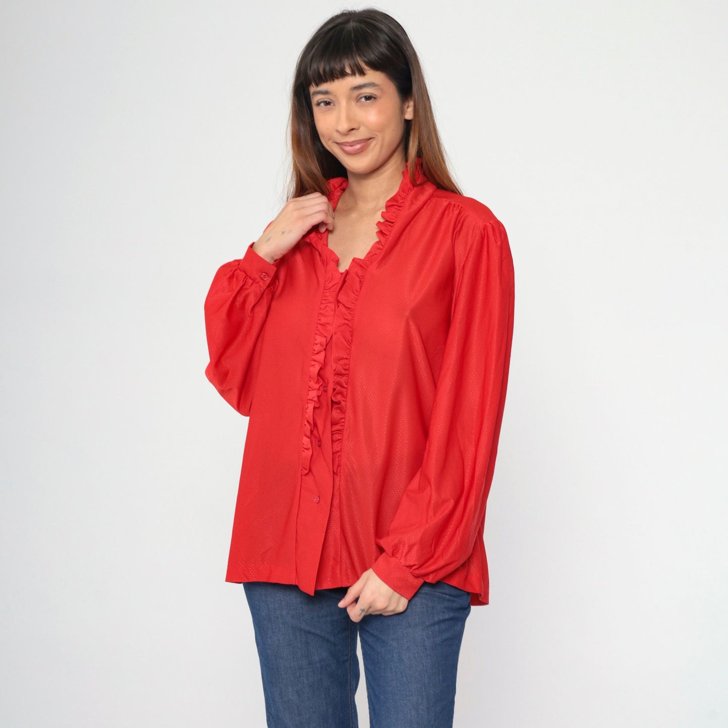 70s Red Puff Sleeve Button-Up Blouse Embossed Dots Ruffled Trim Large