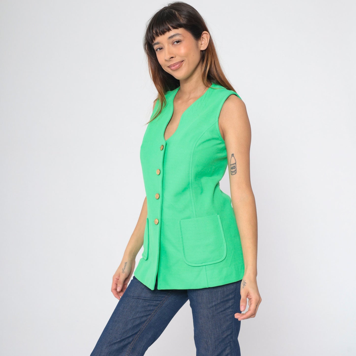 70s Lime Green Button-Up Tank Top Longline Pockets Small