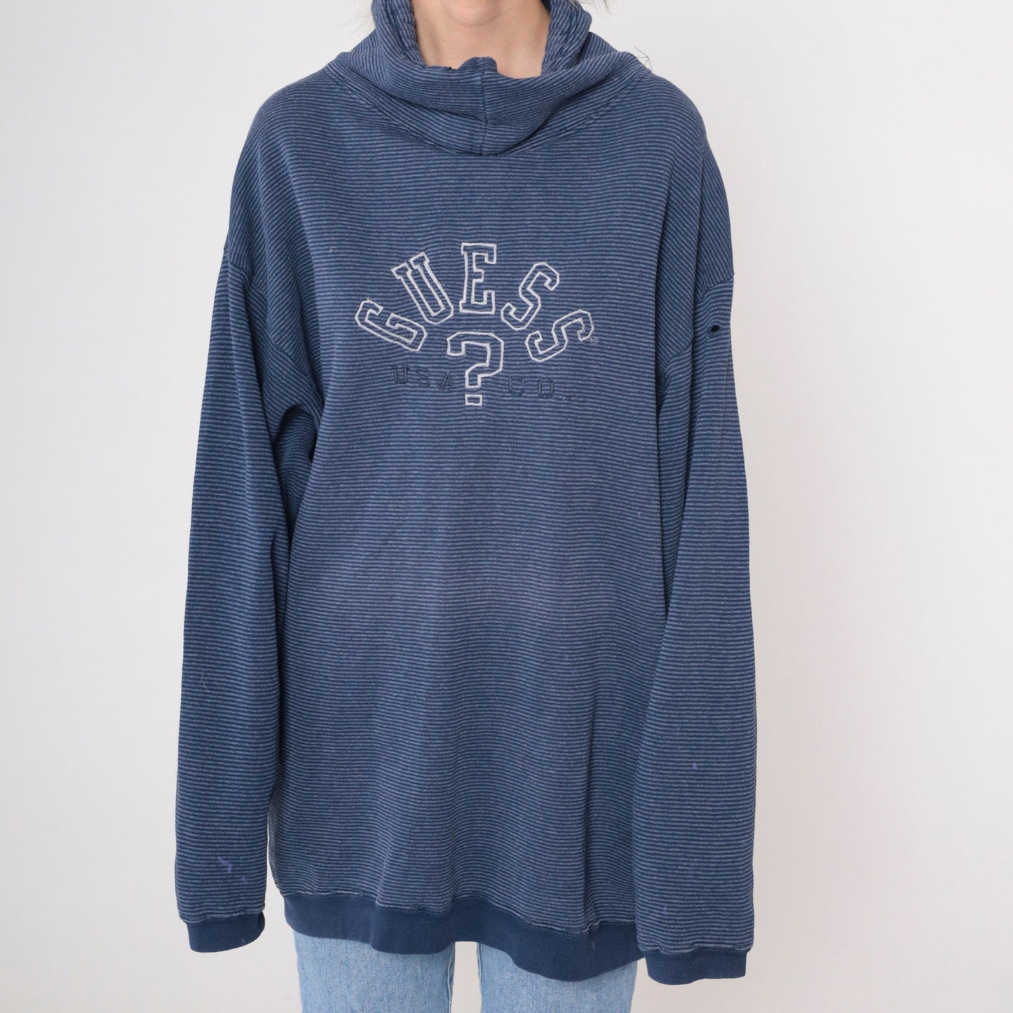 90s Guess Striped Blue Drawstring Cowl Neck Sweatshirt Large