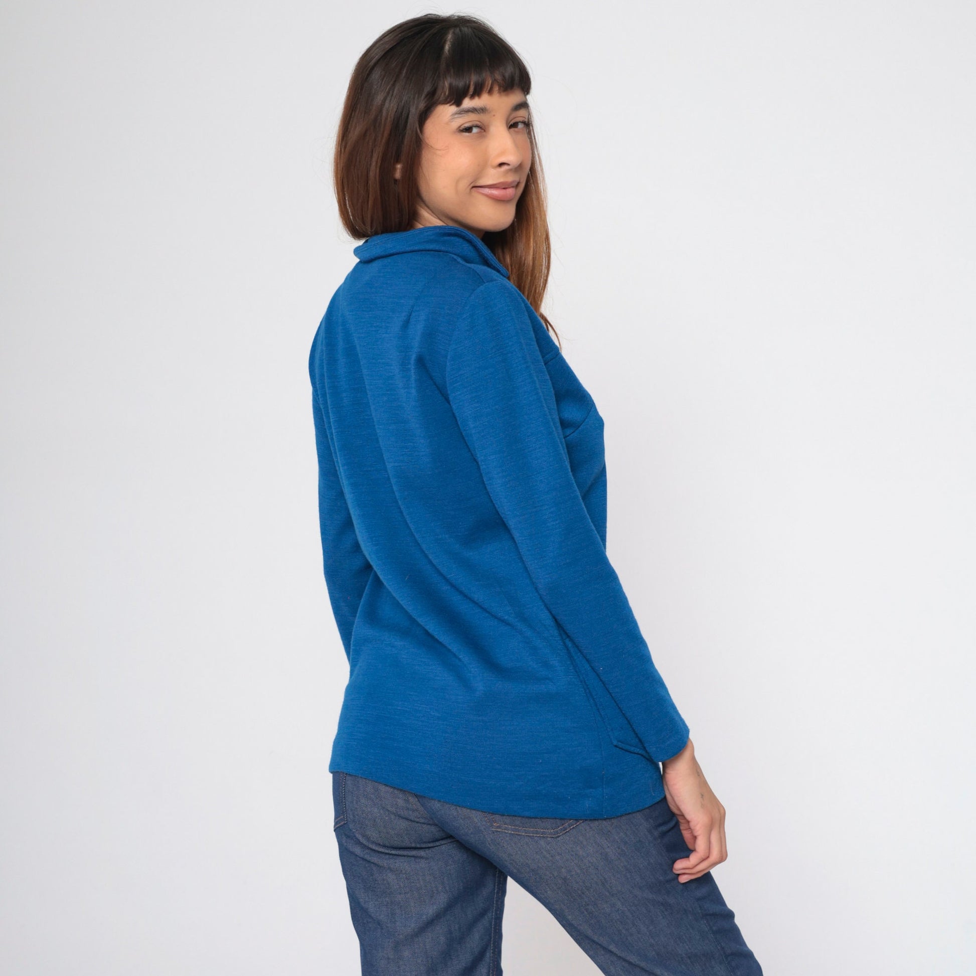 70s Berkshire Wool Blend Button-Up Blouse Dark Blue Pointed Collar Medium