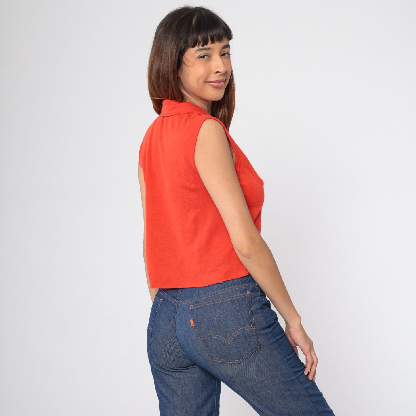 70s Crop Top Bright Red V-Neck Collared Sleeveless Shirt Small