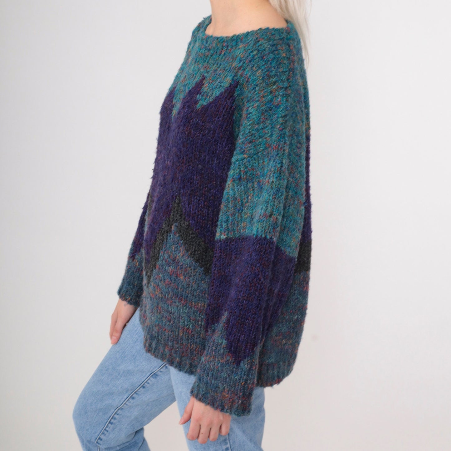 90s Purple Teal Colour Block Wool Blend Sweater Geometric Knit Large L