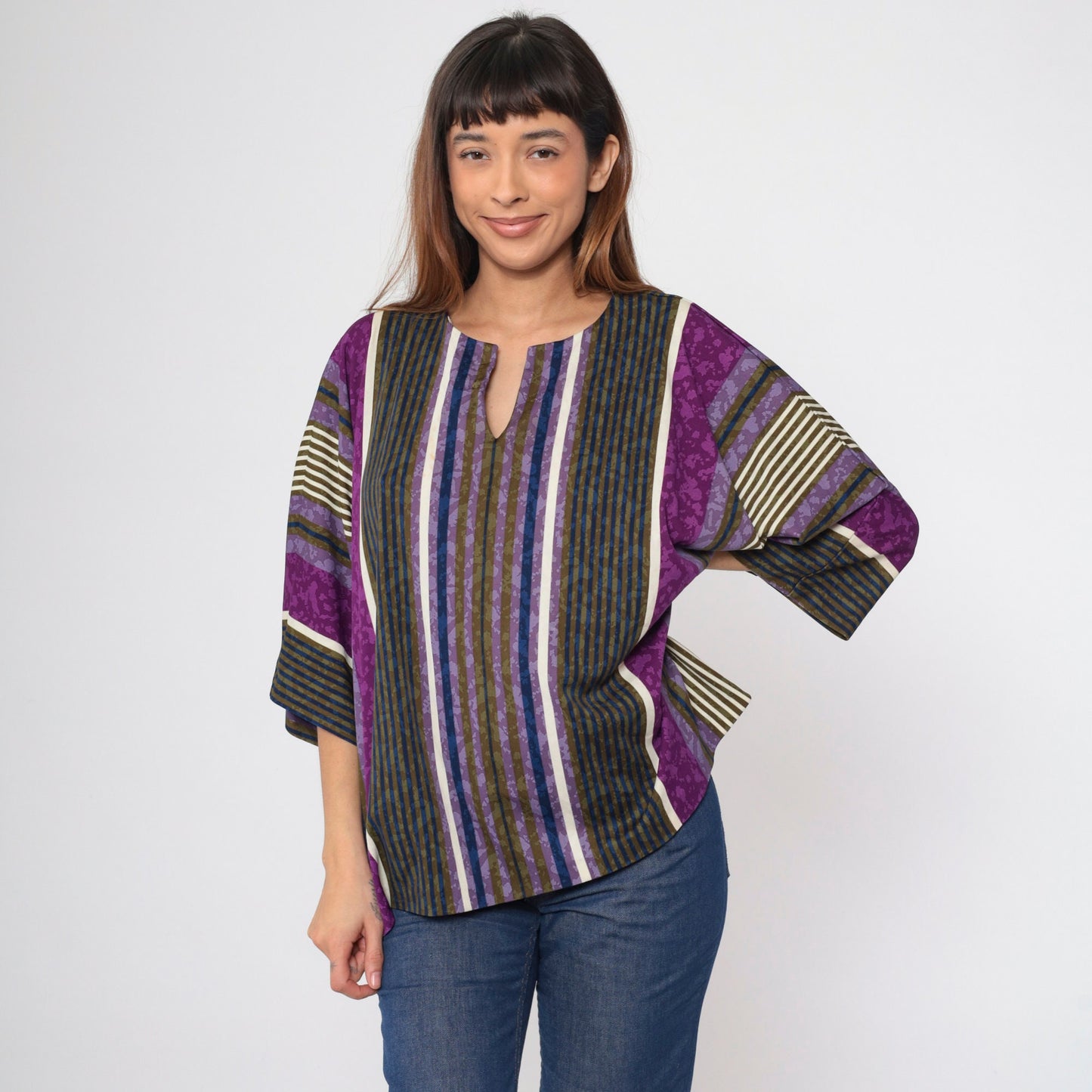 80s Top Notch Striped Tunic Purple Blue Olive 3/4 Sleeve Plus Size XXL