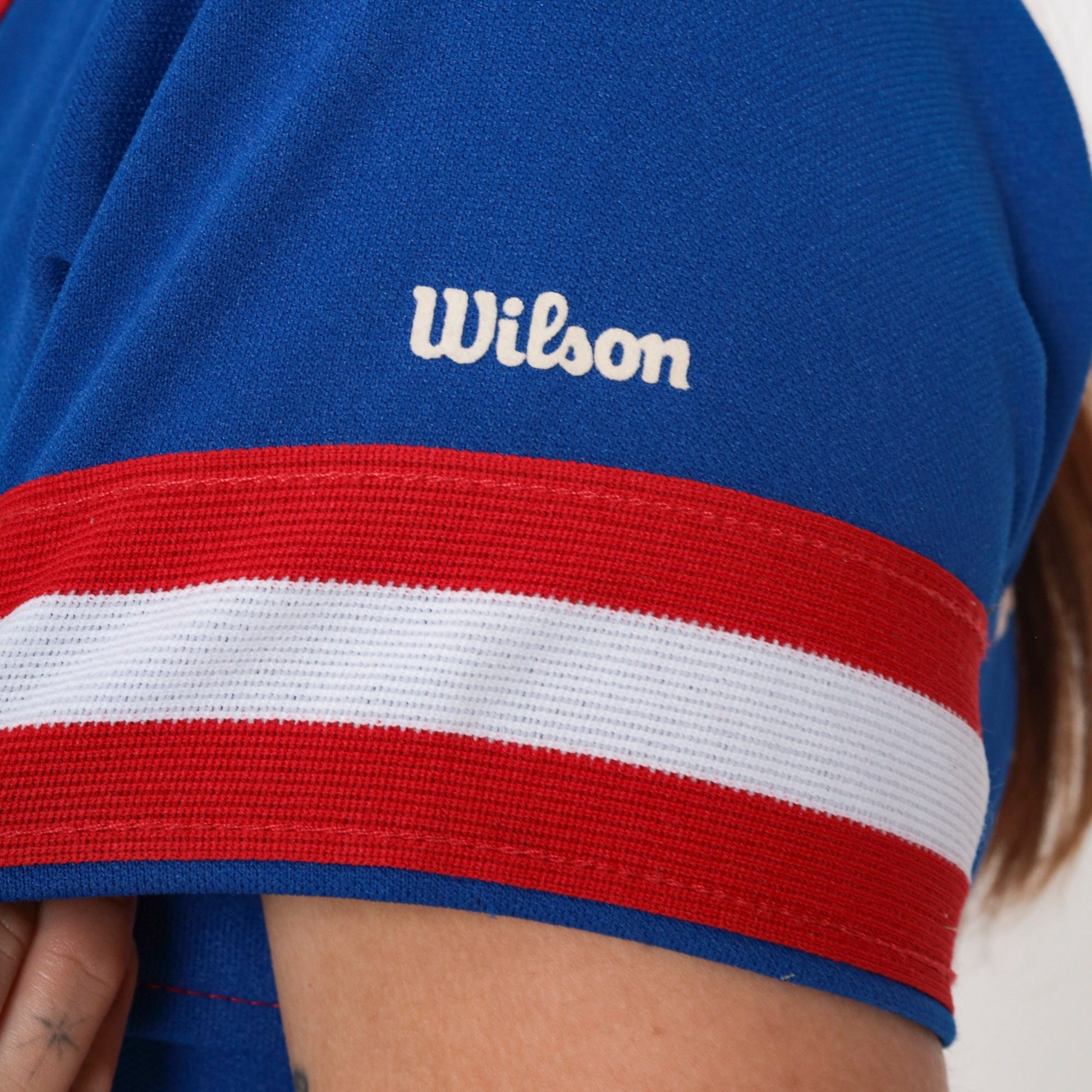 80s Wilson Arrows Baseball Jersey #24 Blue Red White Striped Ringer Youth Medium