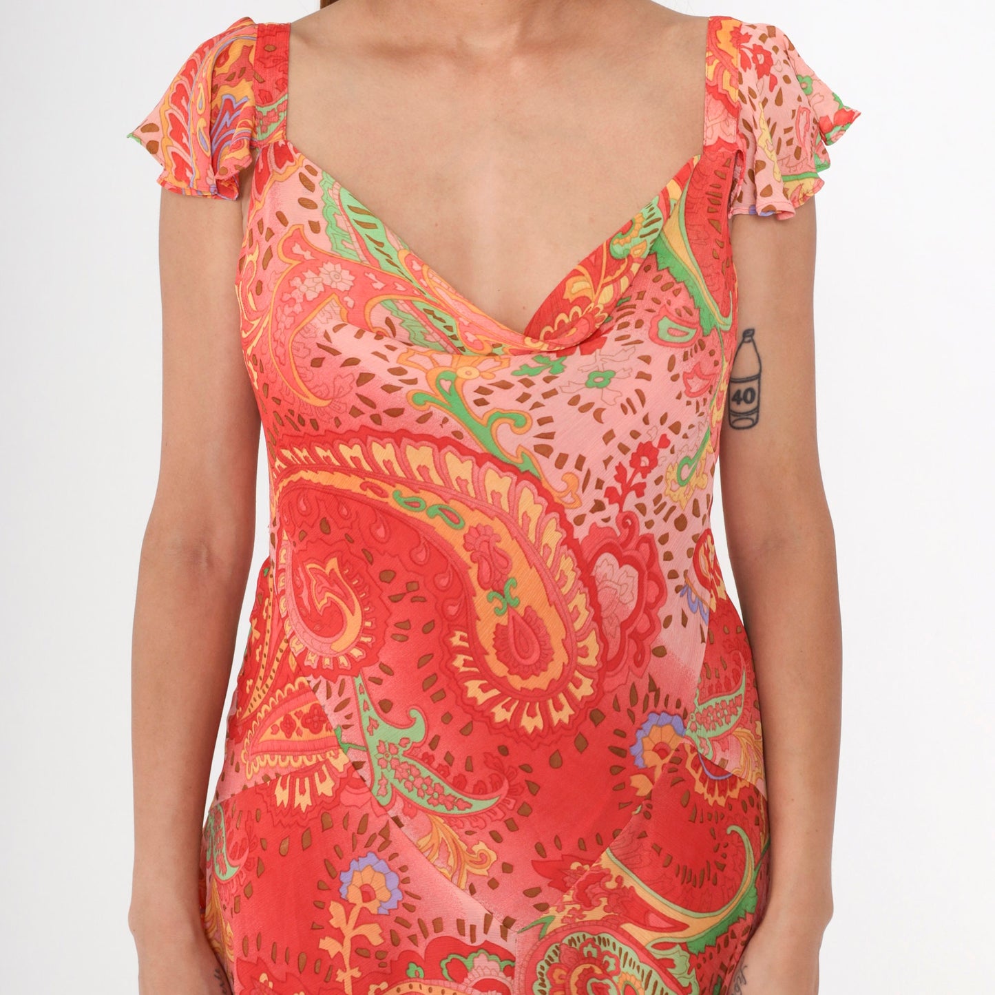 Y2K Paisley Midi Dress Coral Pink Flutter Sleeve Cowl Neck Large 14