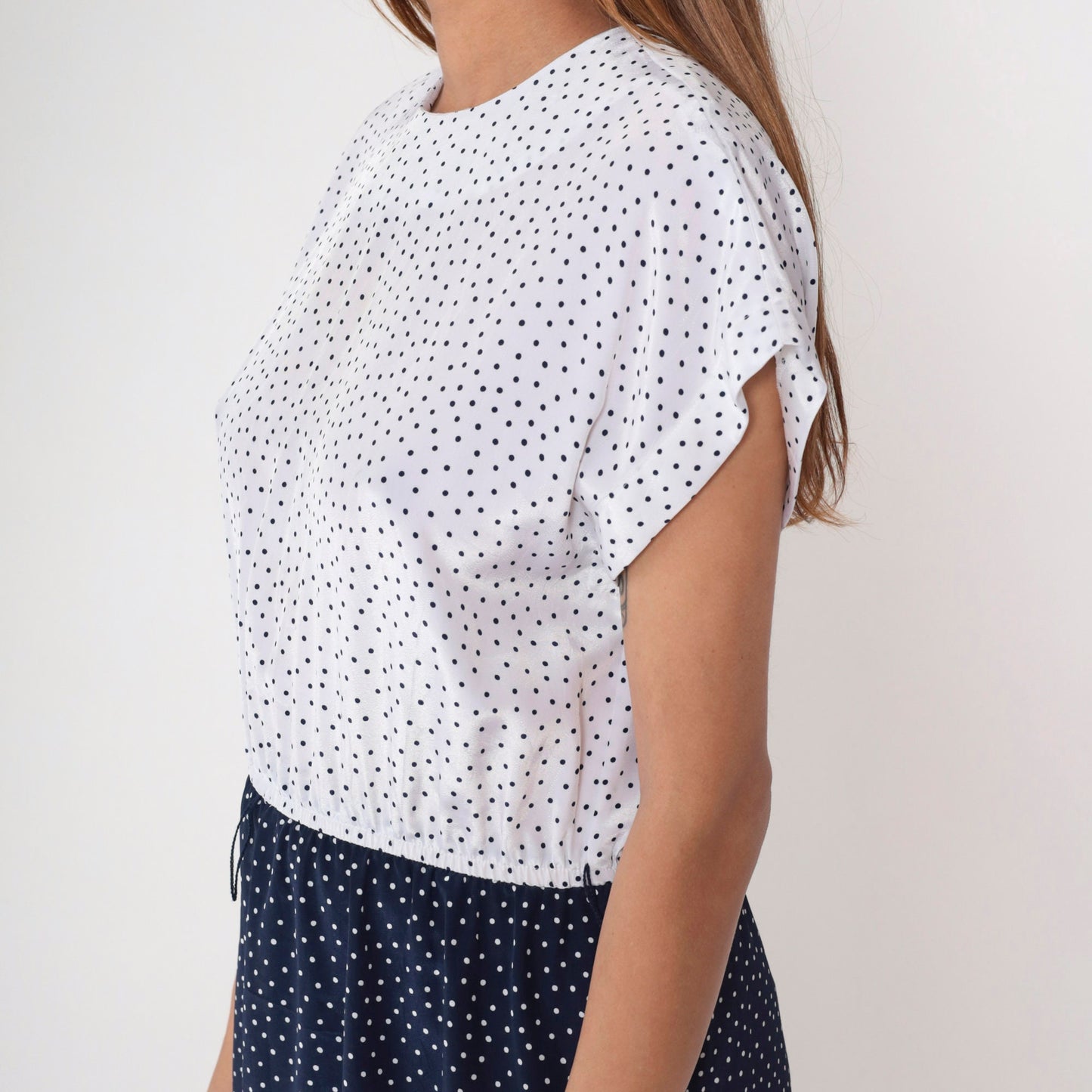 80s Leslie Fay Polka Dot Knee-Length Dress Navy White High-Waisted Medium
