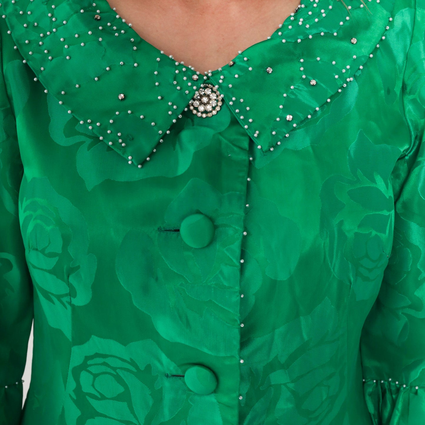 60s Alice of California Green Jacquard Floral Maxi Dress Pearl Beaded Peter Pan Collar Small