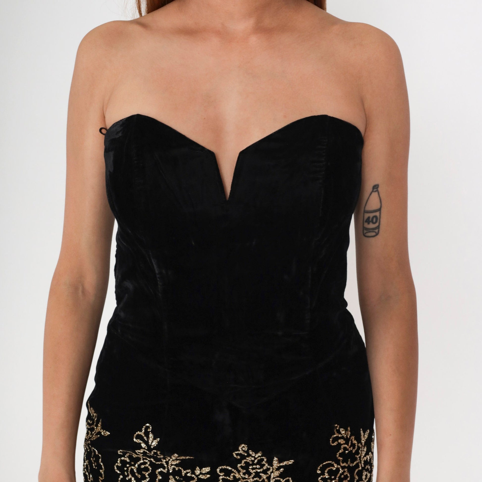 80s Scott McClintock Black Velvet Mini Dress Strapless Sweetheart Neckline Gold Floral Medium