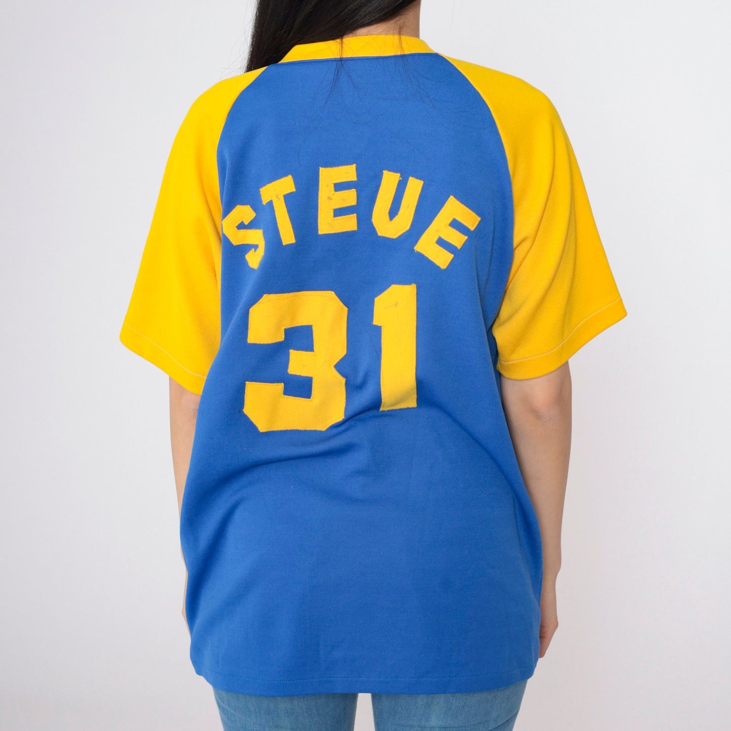 70s Trans Express Steve 31 Baseball Ringer Tee V-Neck Raglan Yellow Blue Medium