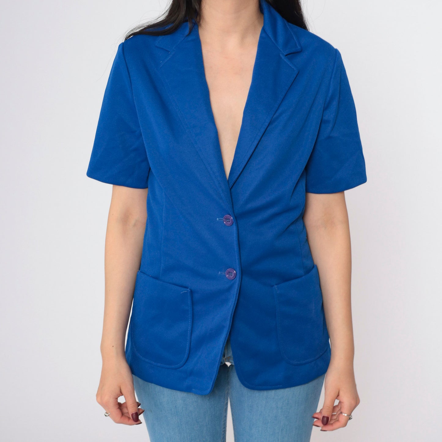 70s Royal Blue Short Sleeve Blazer Tailored Button Up Jacket Small
