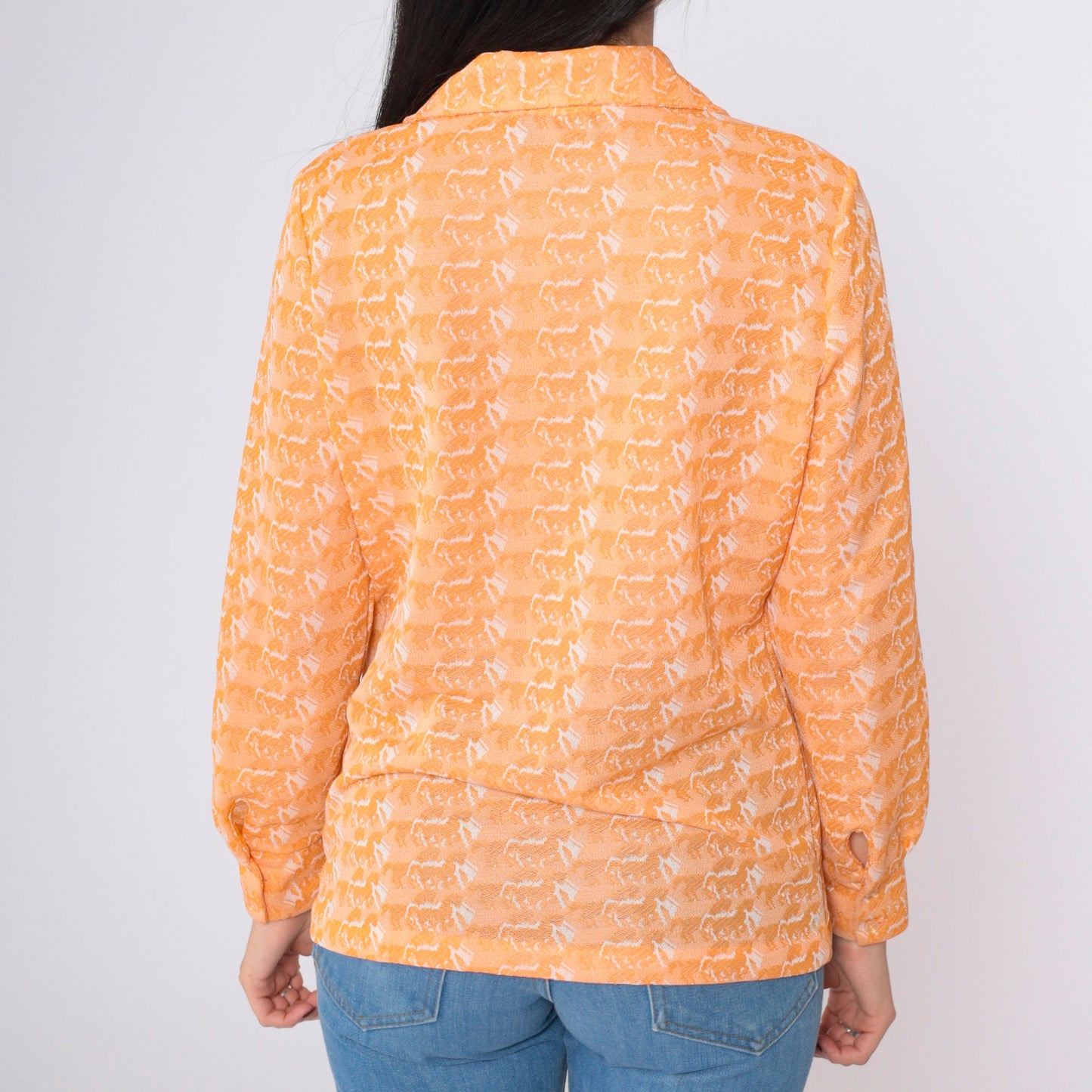 70s Horse Print Orange Button-Up Blouse Long Sleeve Psychedelic Shirt Medium