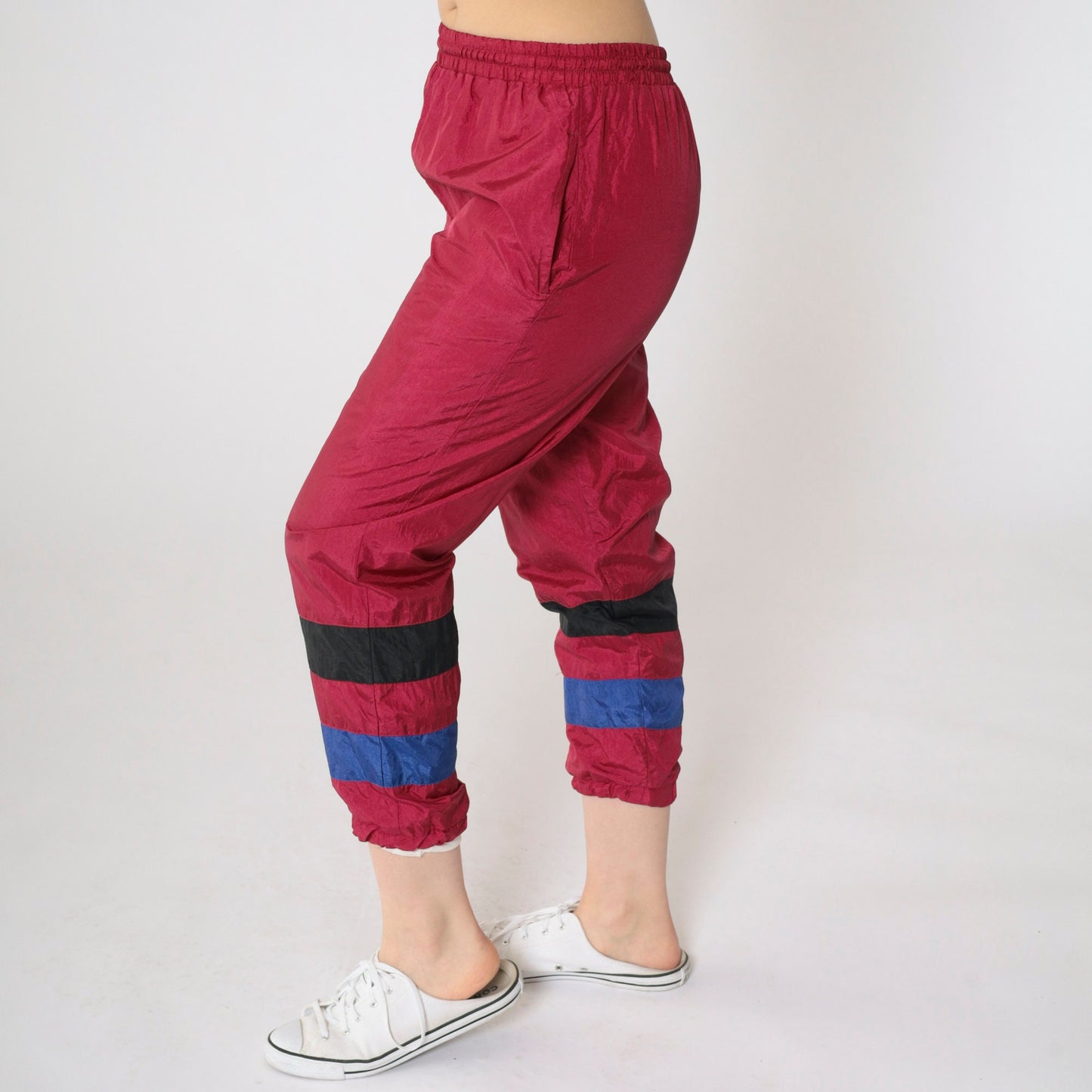 90s Raspberry Nylon Track Pants Striped Kids Medium
