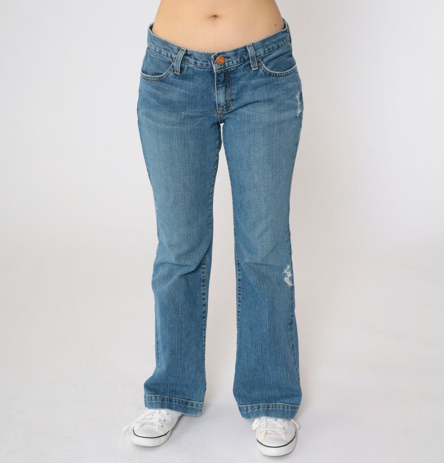 Gap Y2K Low Rise Flared Jeans Blue Distressed Denim Small 6