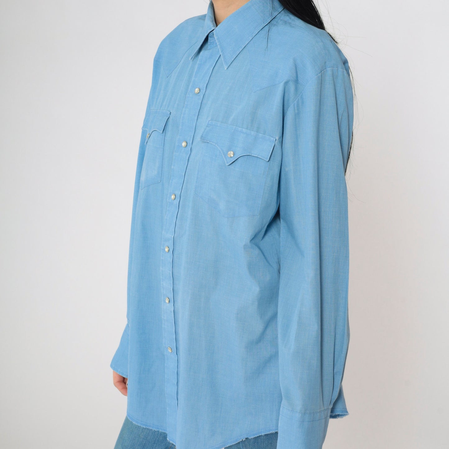 80s Blue Pearl Snap Western Shirt Men's Medium Long Sleeve Button Up