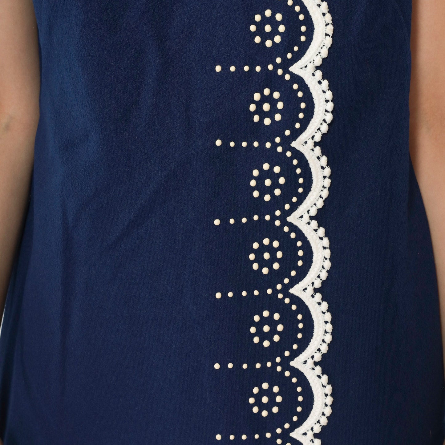 60s Navy Tunic Top Scalloped Lace Trim Mod Dot Print Short Sleeve Medium