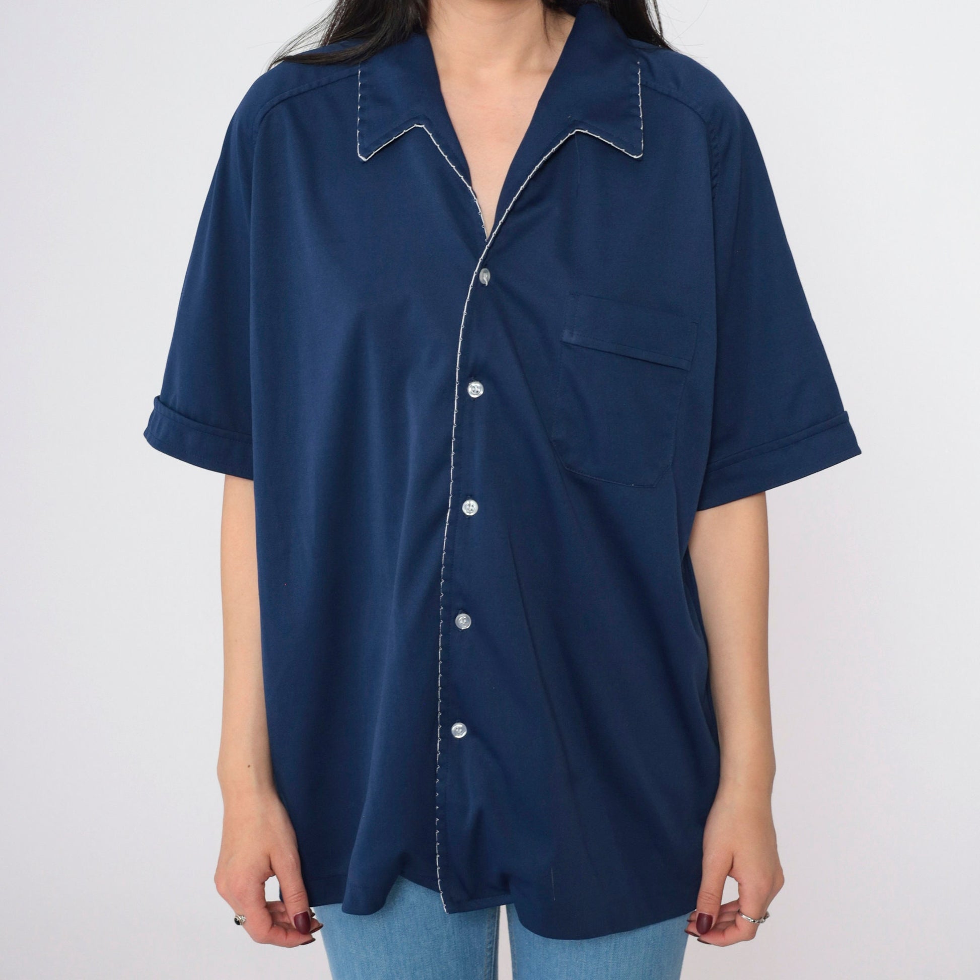 70s Navy Button Up Shirt White Scalloped Trim Short Sleeve Extra Large