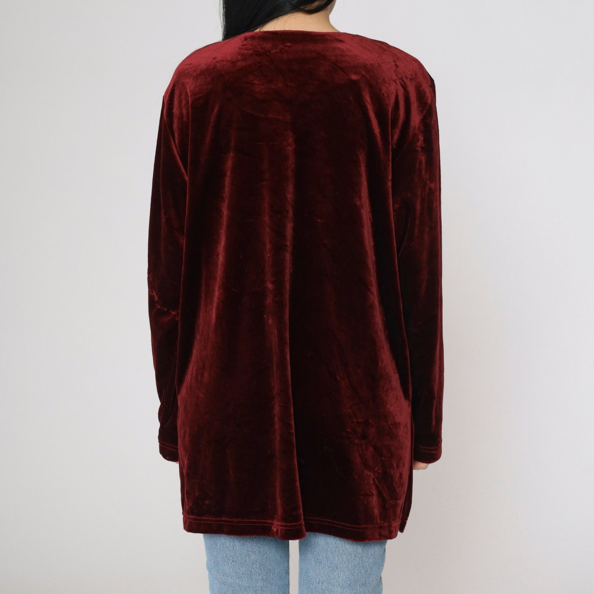 Y2K Burgundy Velvet Mandarin Collar Blouse Frog Closure Long Sleeve Large