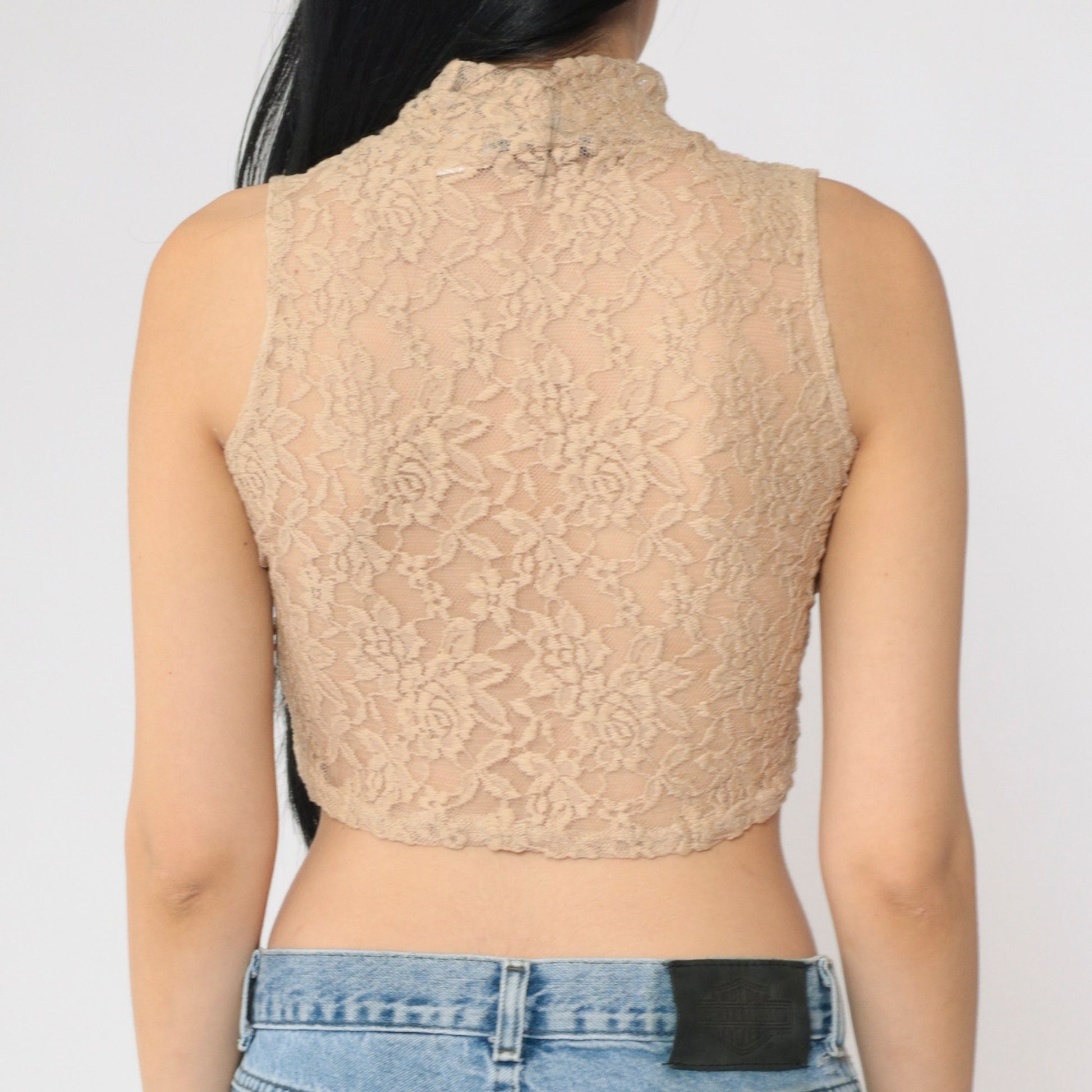Y2K Beige Floral Lace Tank Top Mock Neck Crop Sleeveless Small S