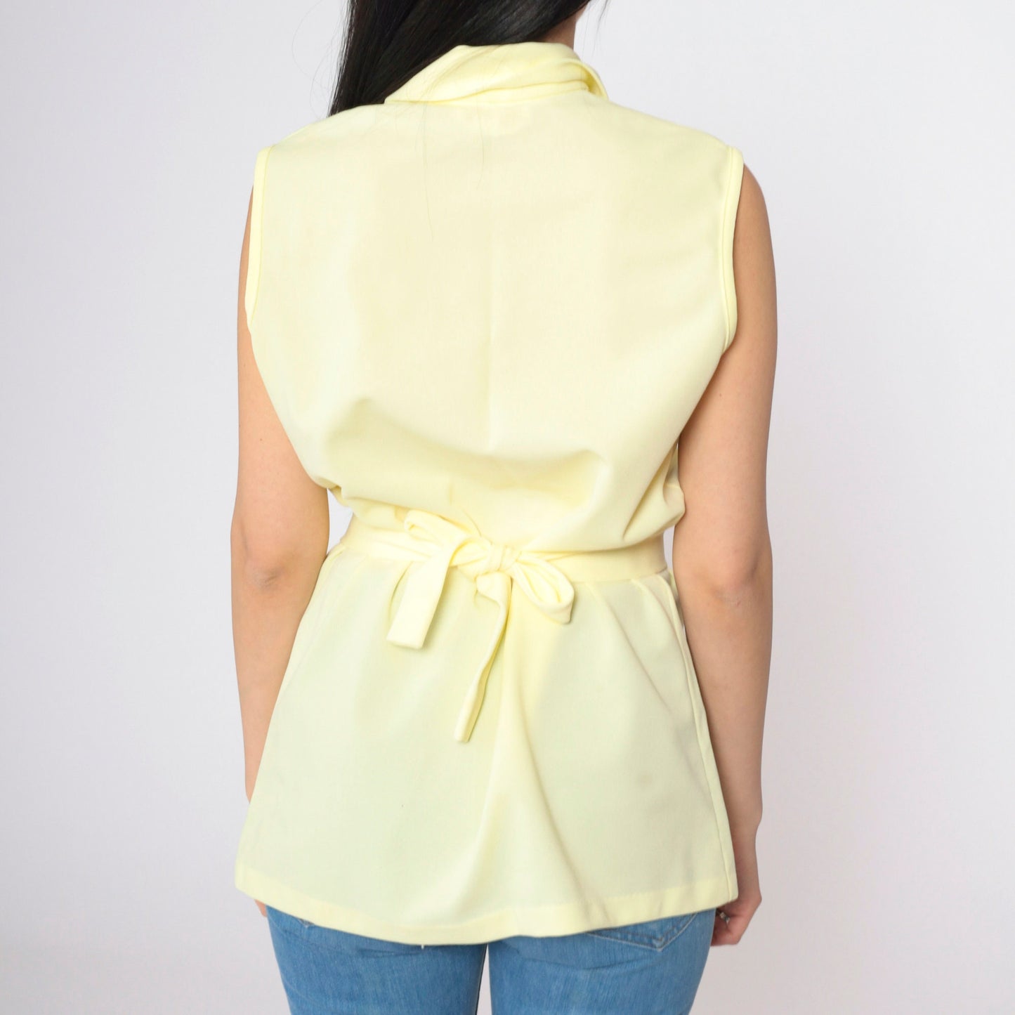 70s Yellow Sleeveless Zip-Up Blouse Pointed Collar Belted Waist Medium