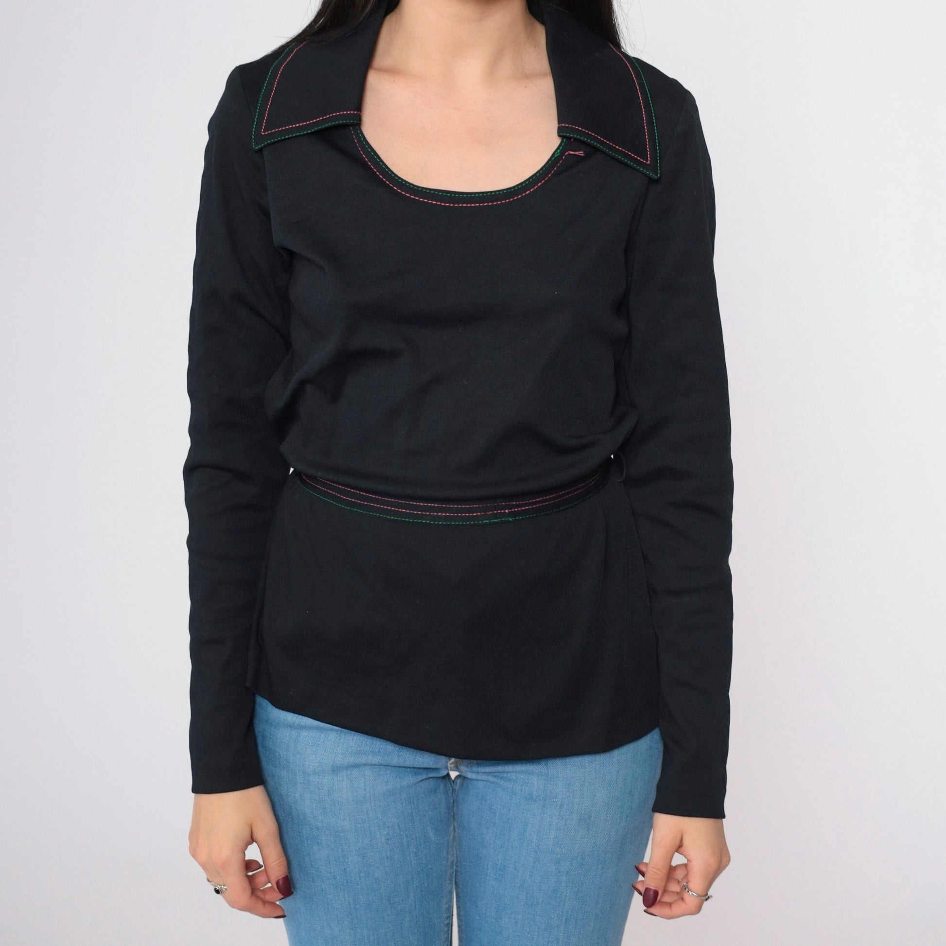 70s Black Long Sleeve Blouse Wide Collar Contrast Stitching Tie Belt Small