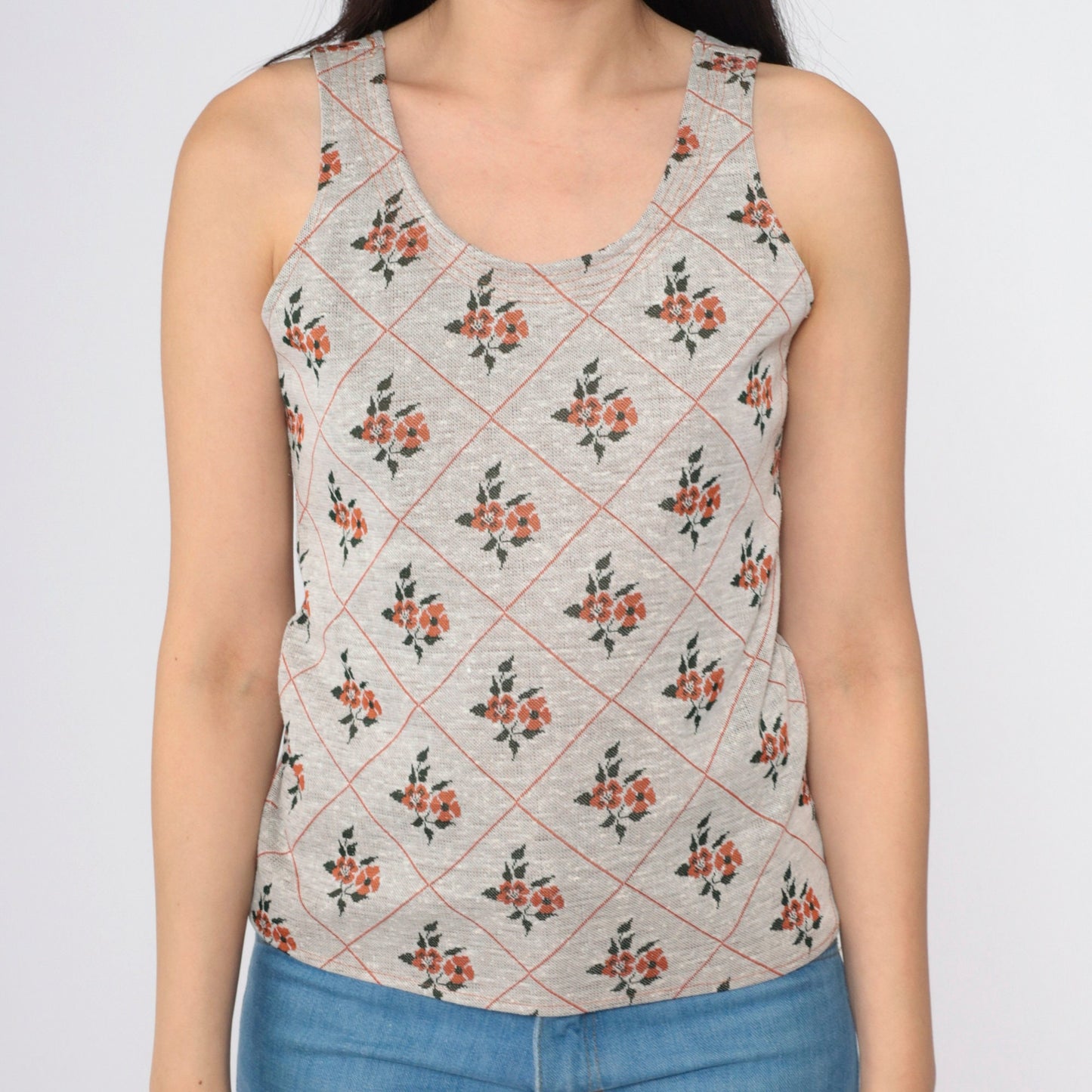 70s Floral Tank Top Scoop Neck Sleeveless Blouse Beige Orange Green Extra Small