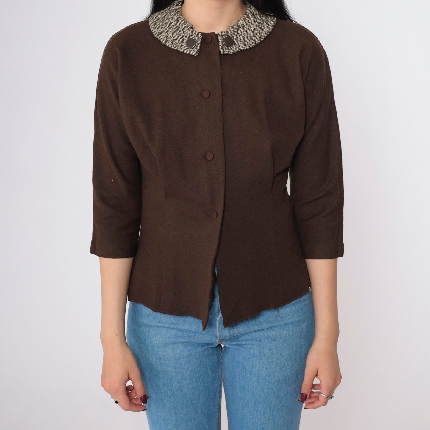 60s Brown Wool Blend Knit Collar Button-Up Top 3/4 Sleeve Small