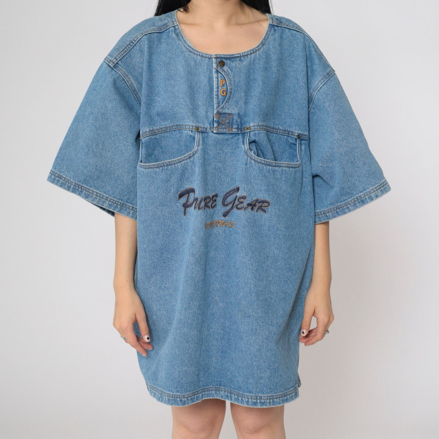 90s Pure Gear Denim Mini Dress Blue Utility Pockets Short Sleeve Extra Large