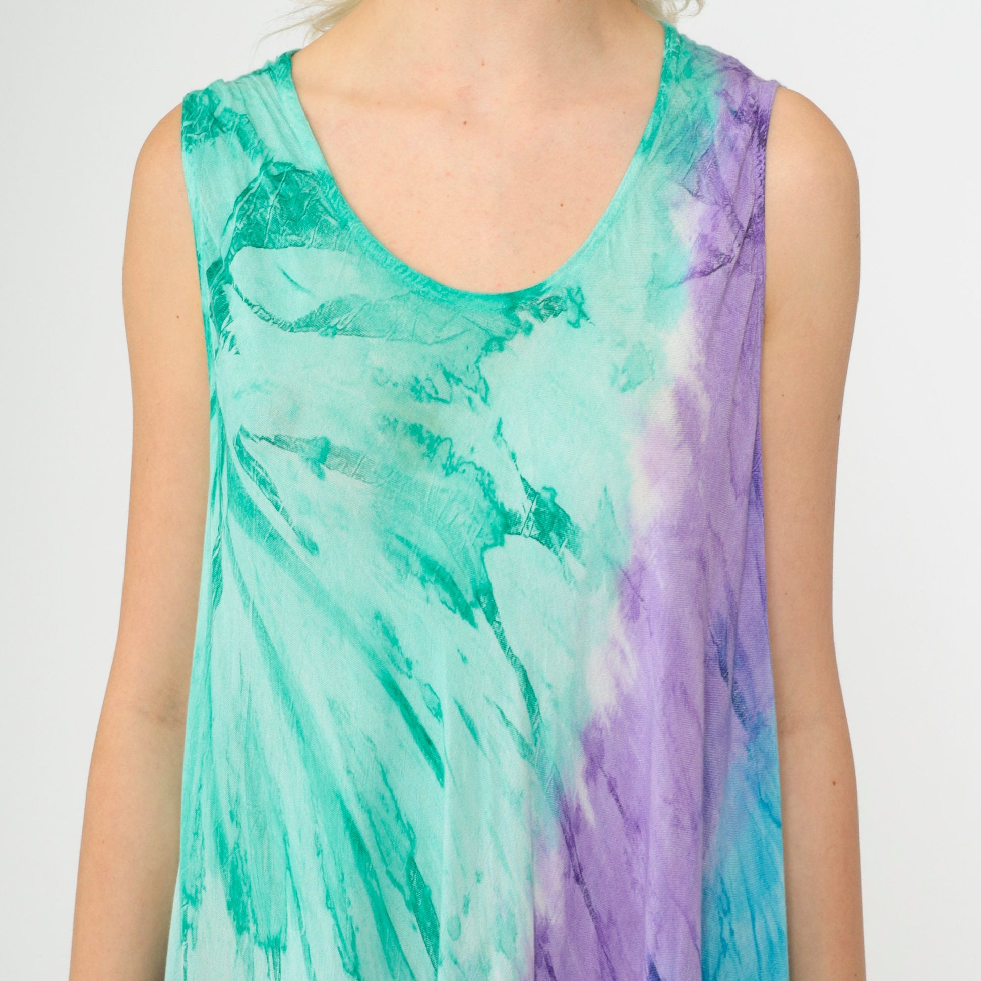 Y2K Tie-Dye Asymmetrical Sundress Sleeveless Scoop Neck Green Purple Blue XXL