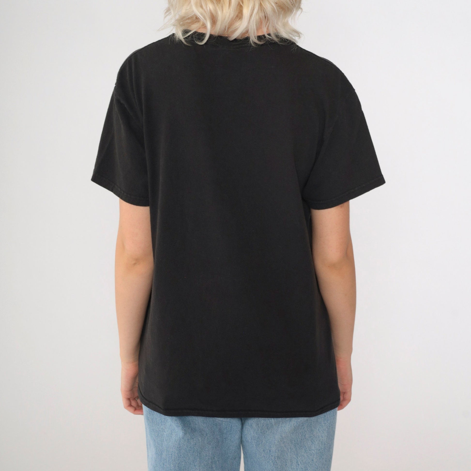 00s Smiley Face Flame Graphic T-Shirt Black Cotton Crew Neck Medium